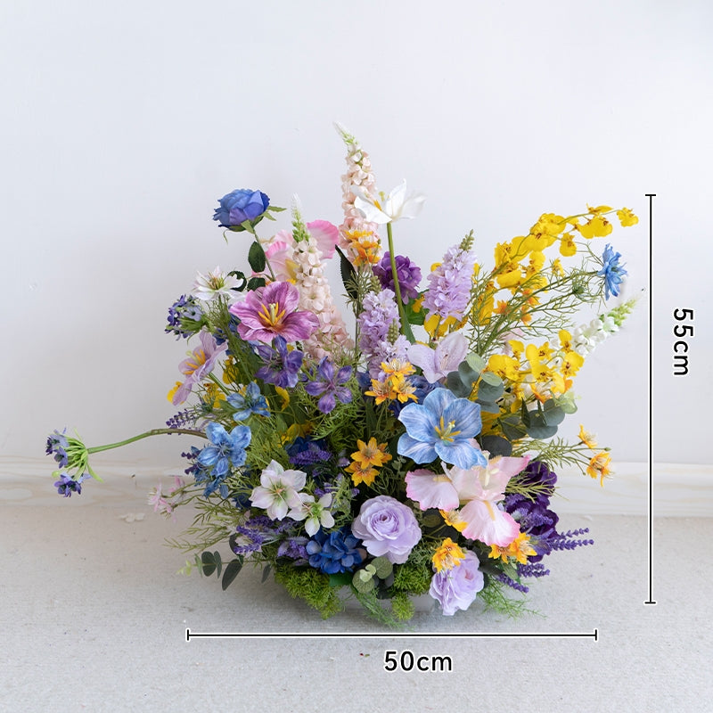 Conjunto de Flores Artificiales de Primavera Coloridas – Exhibición Floral para Área de Bienvenida en Tonos Morado, Amarillo y Azul FA-250