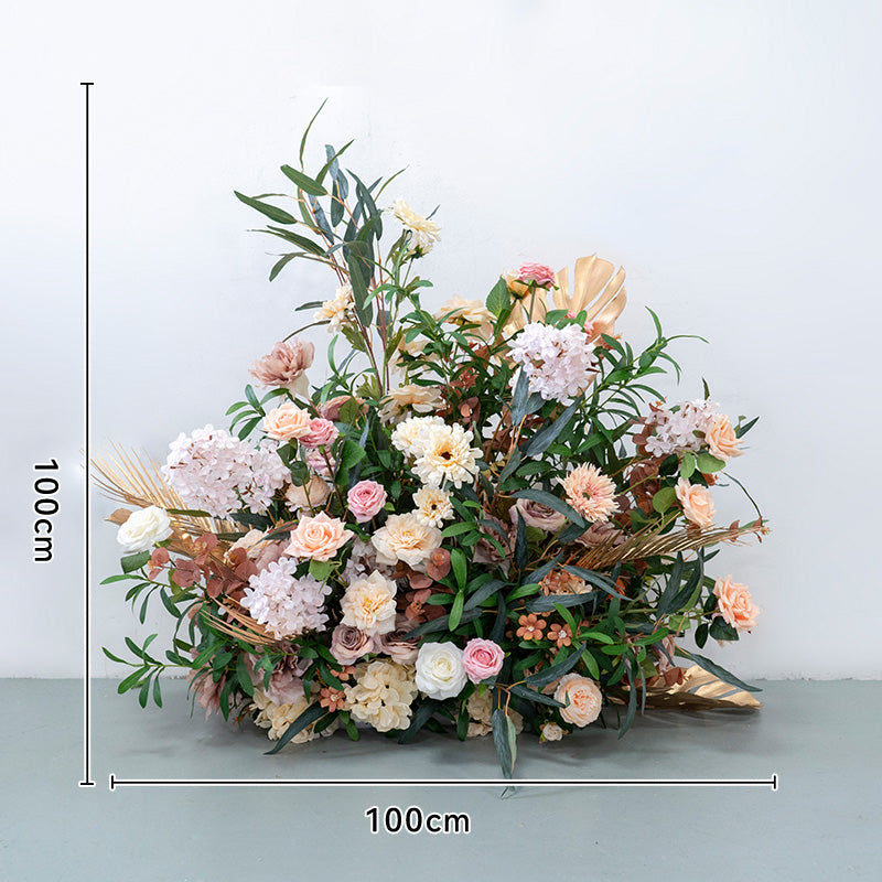 Warm Earth-Tone Faux Floral Display – Boho Event Wall & Floor Decoration with Tropical Gold Palms FA-253