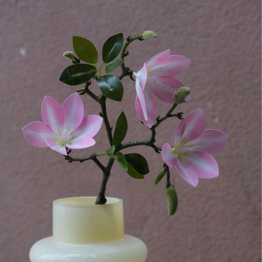 Faux Magnolia Peach Blossom Stems by Valar Flower – Lifelike 3-Fork Floral Branches for Vase Display FS-1068