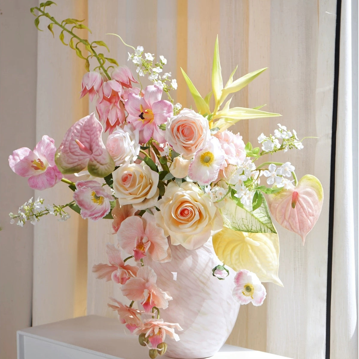ValarFlower Pink Cream Artificial Floral Arrangement, Elegant Orchid and Rose Flower Decor for Wedding and Home VB-275