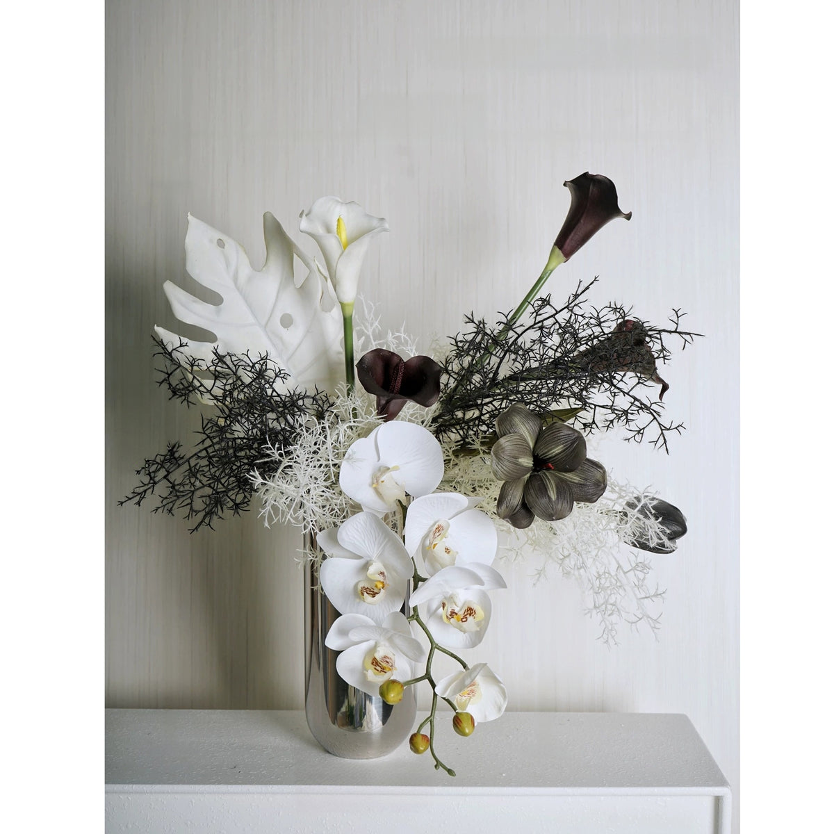 ValarFlower Black White Artificial Orchid Flower Arrangement, Modern Calla Lily Floral Decor for Wedding and Home VB-279