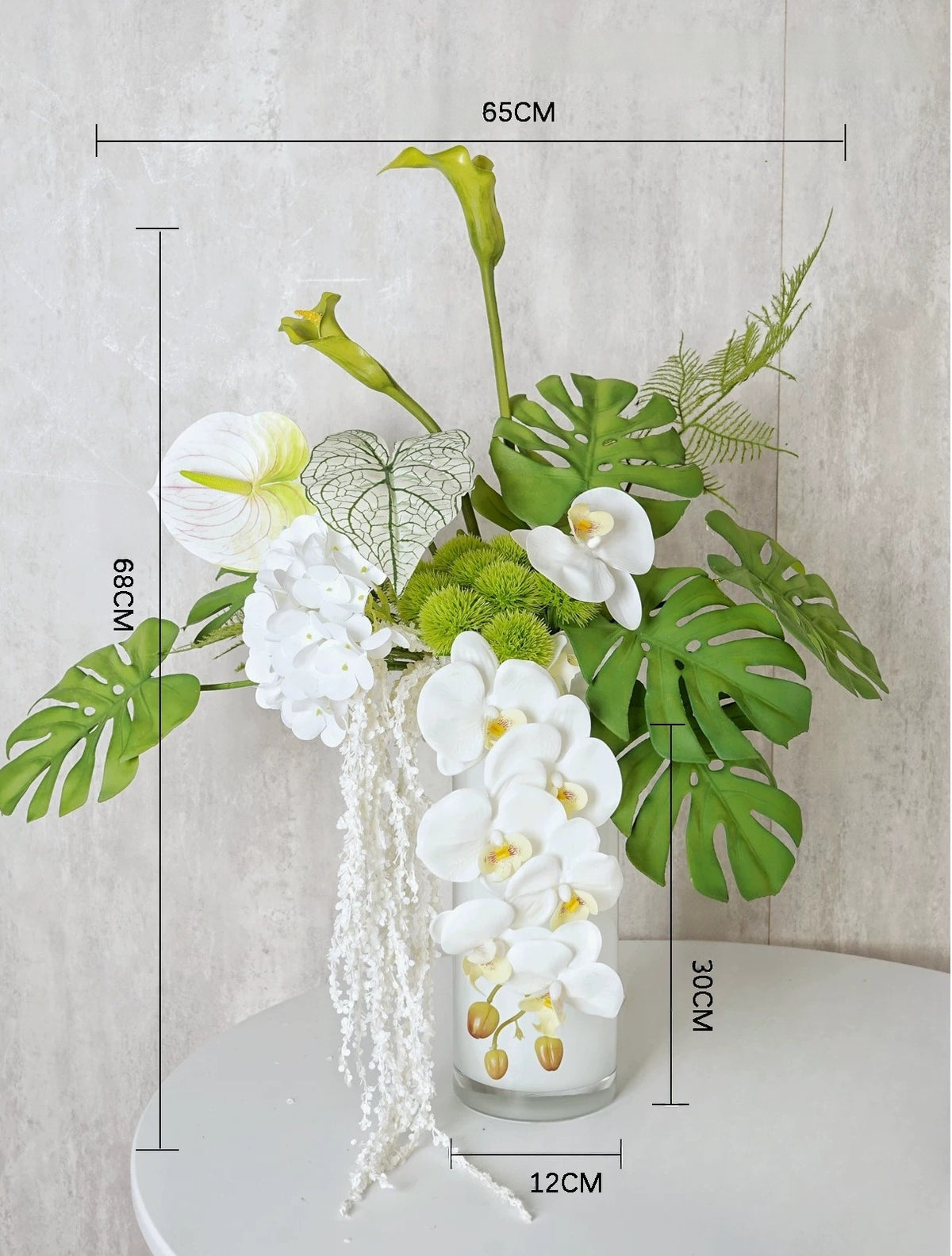 ValarFlower White Orchid Artificial Floral Arrangement, Modern Tropical Flower Decor with Green Palm Leaves VB-280