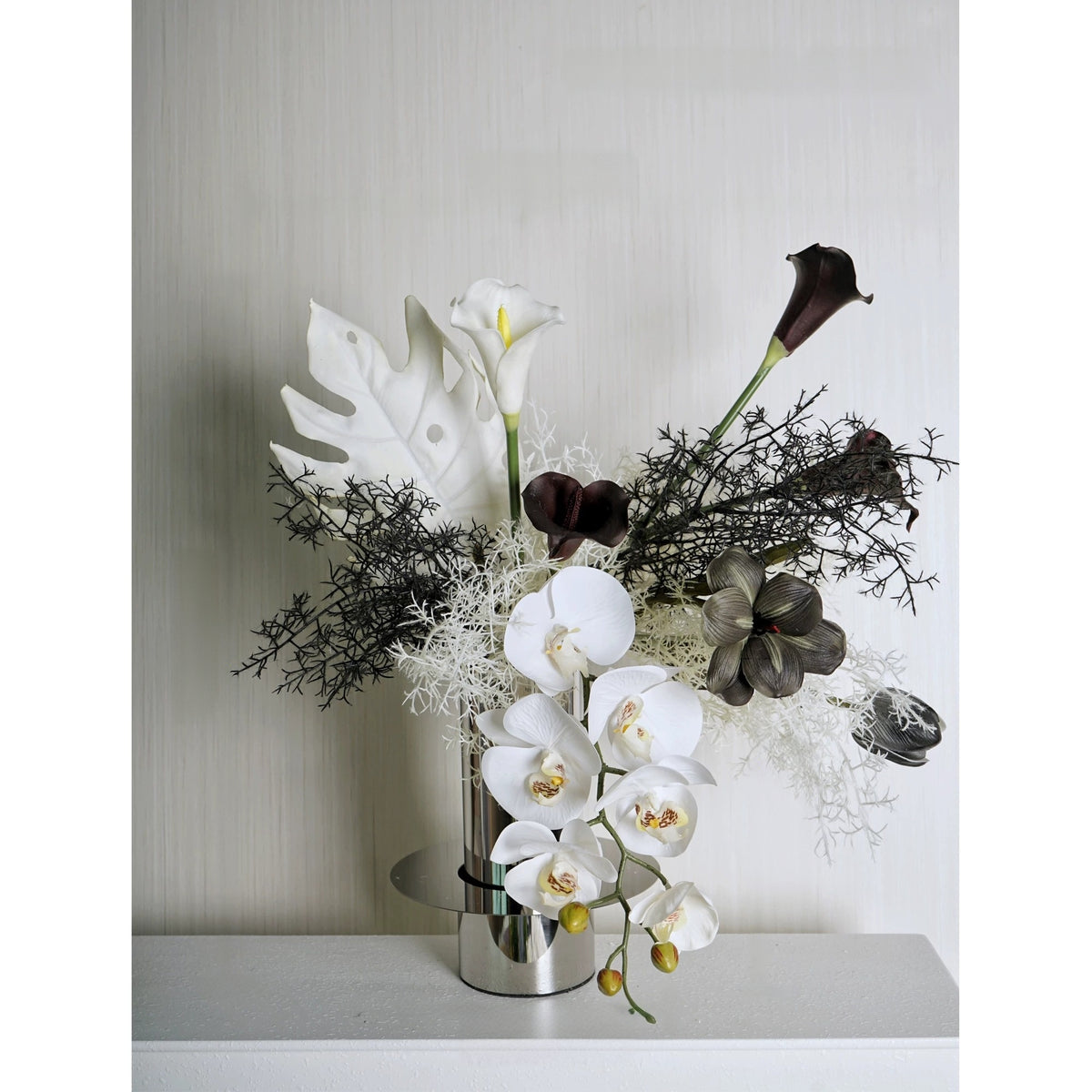 ValarFlower Black White Artificial Orchid Flower Arrangement, Modern Calla Lily Floral Decor for Wedding and Home VB-279