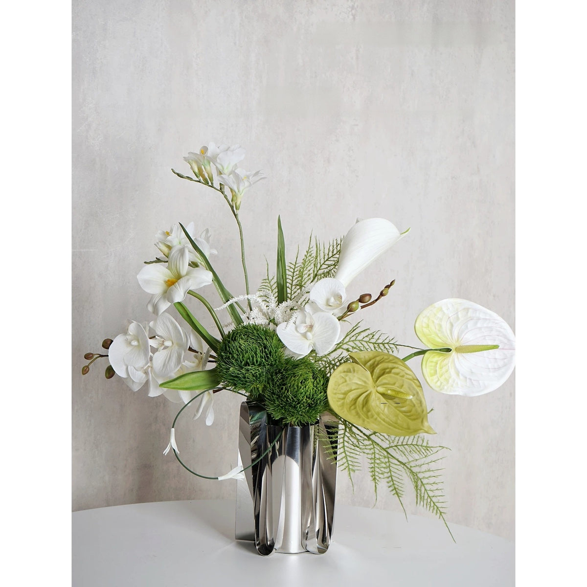 ValarFlower White Orchid Artificial Floral Arrangement, Modern Tropical Flower Decor with Green Palm Leaves VB-280