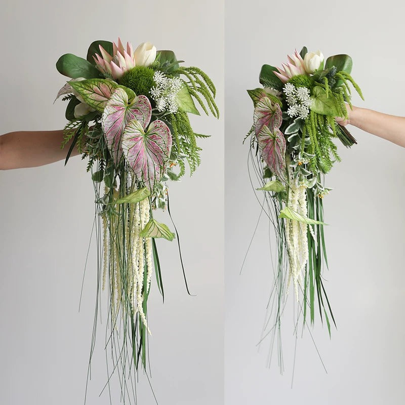 ValarFlower Artificial Bridal Bouquet, Cascading Greenery Wedding Bouquet with Orchid & Natural Style Faux Flowers for Bride Decor VB-320
