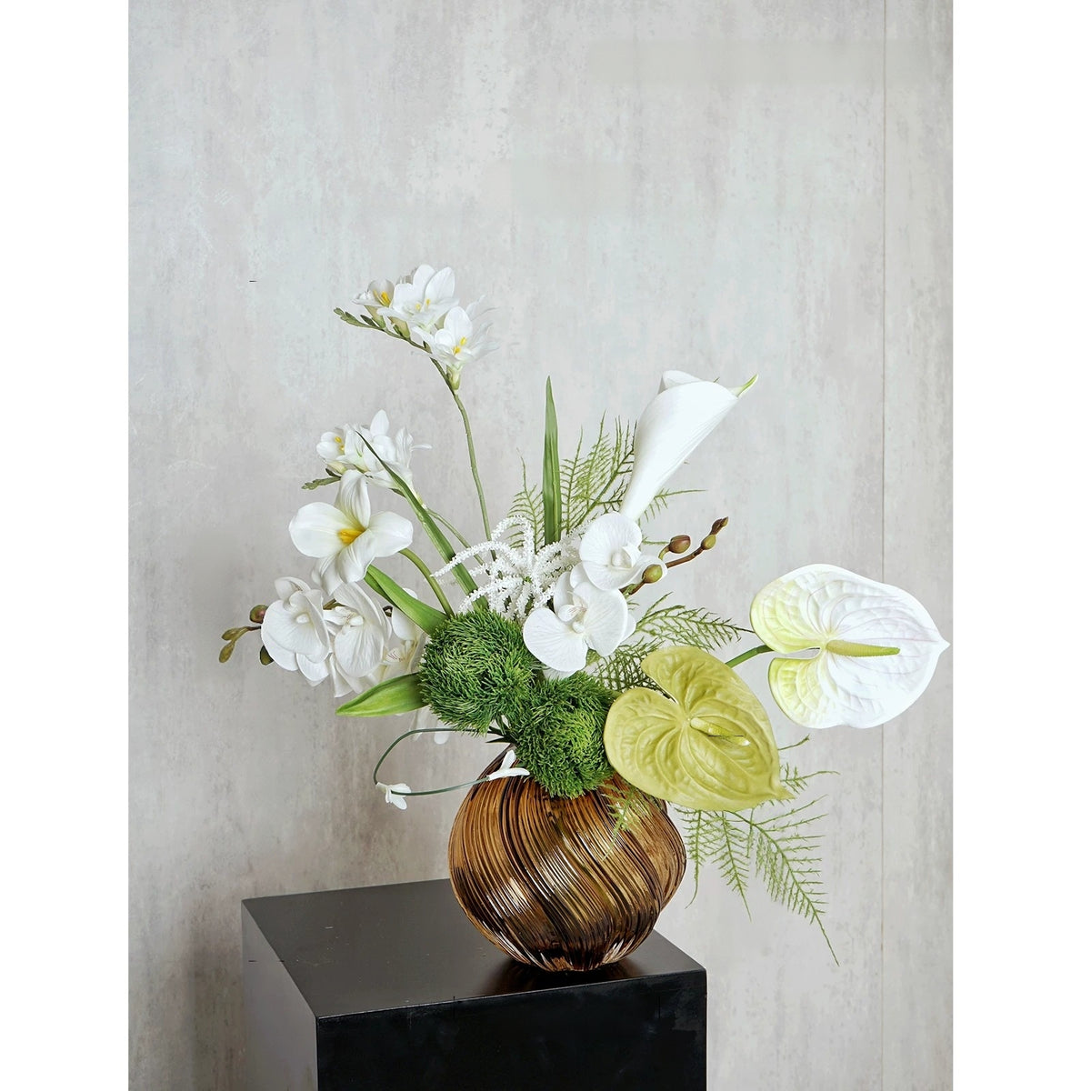 ValarFlower White Orchid Artificial Floral Arrangement, Modern Tropical Flower Decor with Green Palm Leaves VB-280