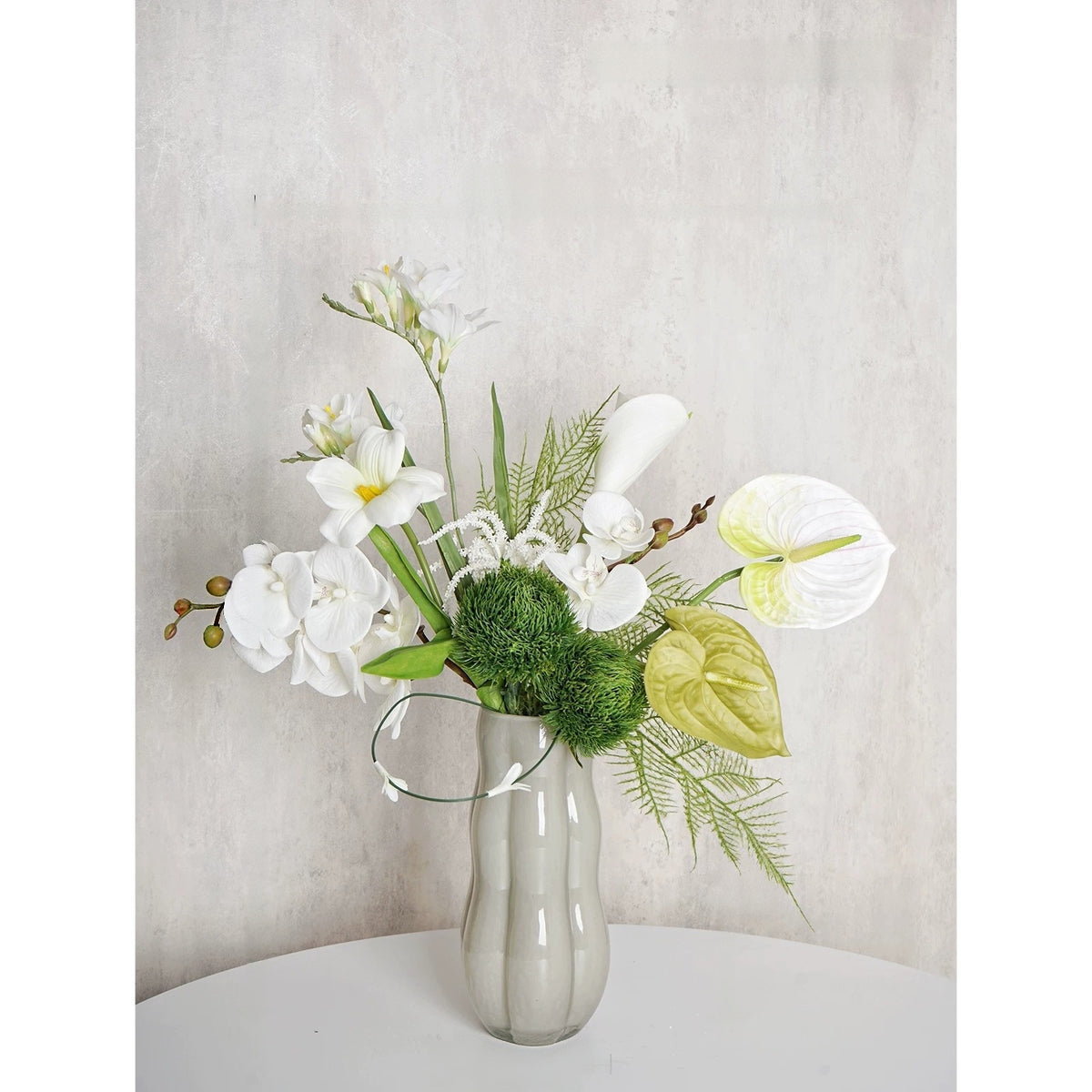 ValarFlower White Orchid Artificial Floral Arrangement, Modern Tropical Flower Decor with Green Palm Leaves VB-280