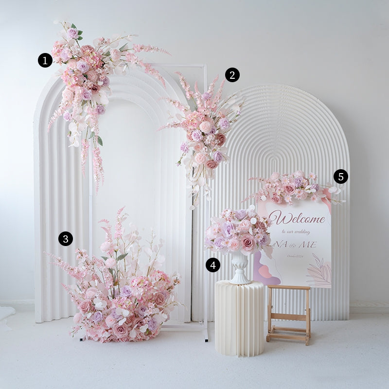 ピンクフローラルアーチと柱セット、人工花の結婚式バックドロップ、エンゲージメントプロポーズデコール、イベントフォトグラフィー FA-201