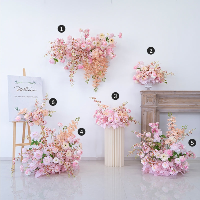 Pfirsich-weißes Kunstblumenarrangement – Romantisches Event-Tisch- und Schild-Styling-Set FA-263