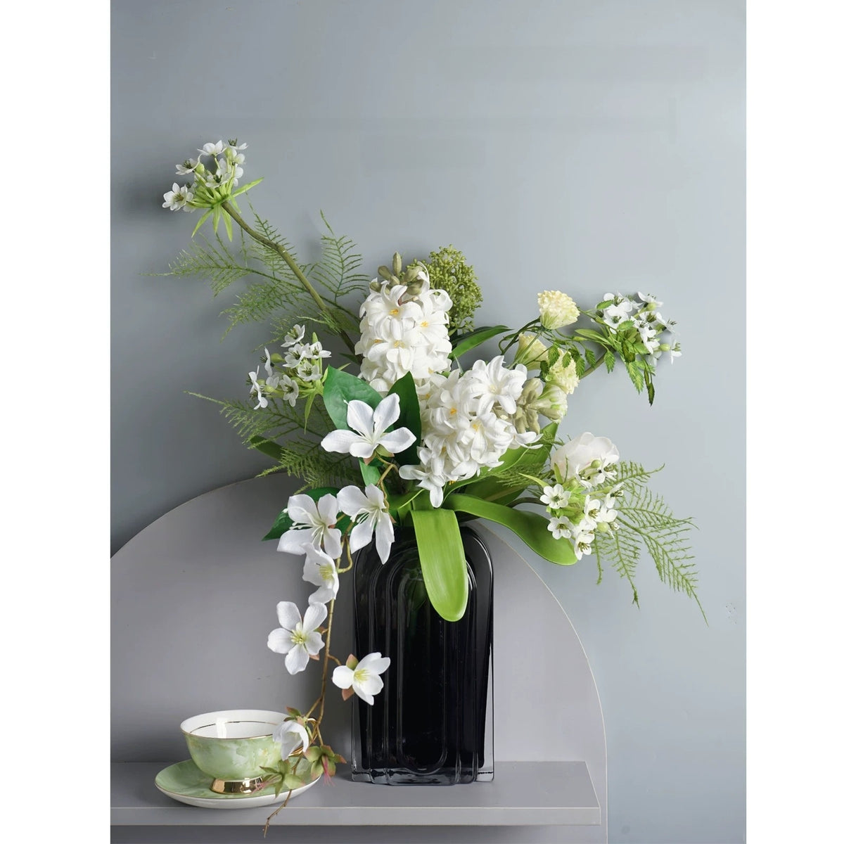 ValarFlower White Orchid Artificial Floral Arrangement, Modern Tropical Flower Decor with Green Palm Leaves VB-280