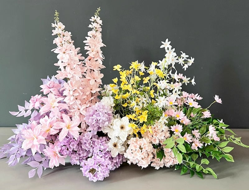 Configuración de flores artificiales inspiradas en la primavera – Conjunto de flores artificiales azules y amarillas para eventos FA-264