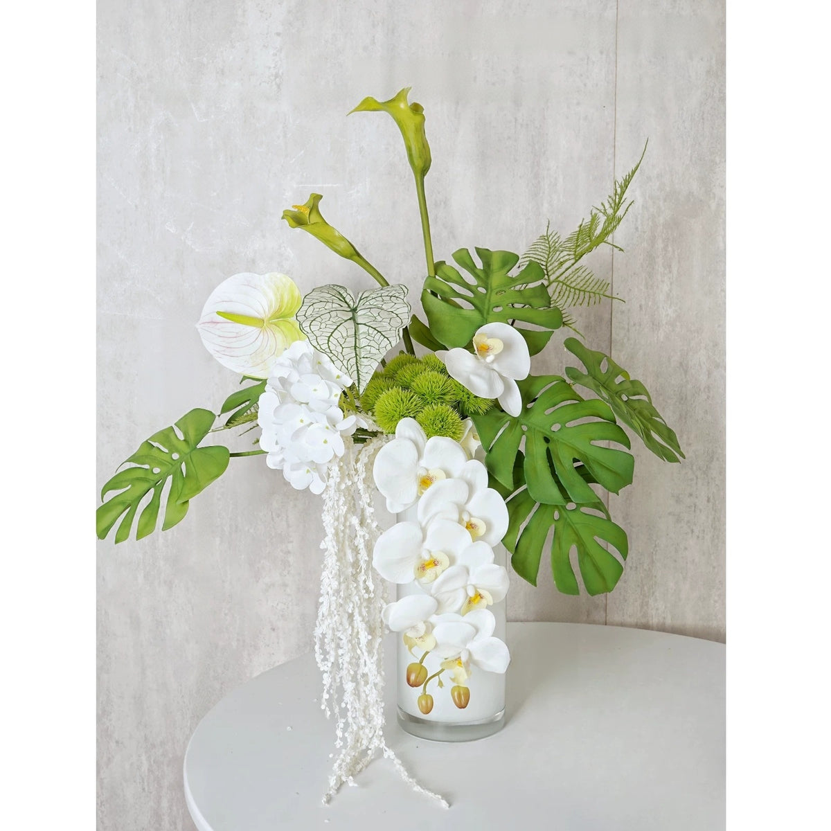 ValarFlower White Orchid Artificial Floral Arrangement, Modern Tropical Flower Decor with Green Palm Leaves VB-280