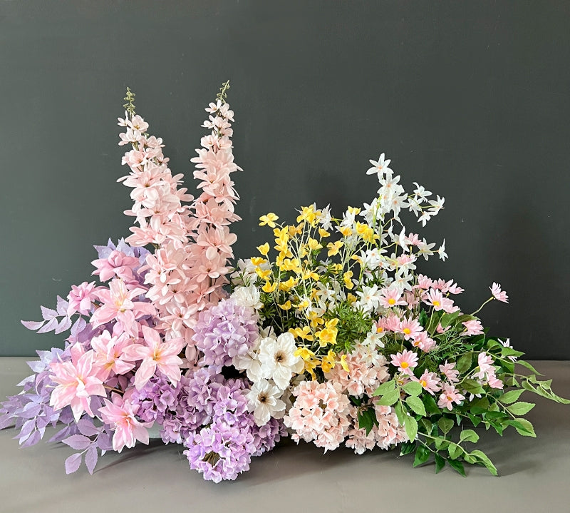 Configuración de flores artificiales inspiradas en la primavera – Conjunto de flores artificiales azules y amarillas para eventos FA-264