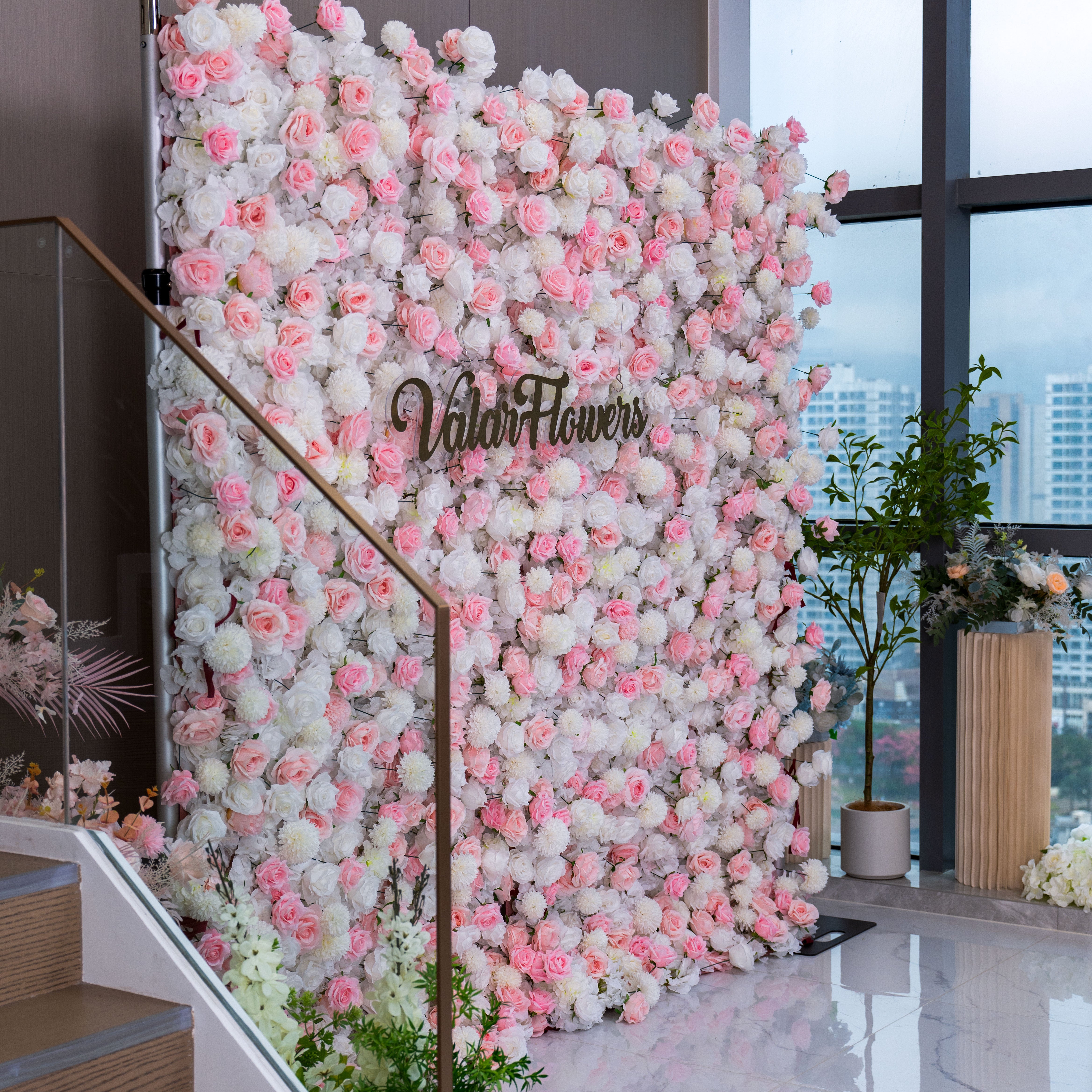 Valar Flower Soft Pink and White Rose 5D Flower Wall – Romantic Backdrop for Weddings and Special Events VF-409-2