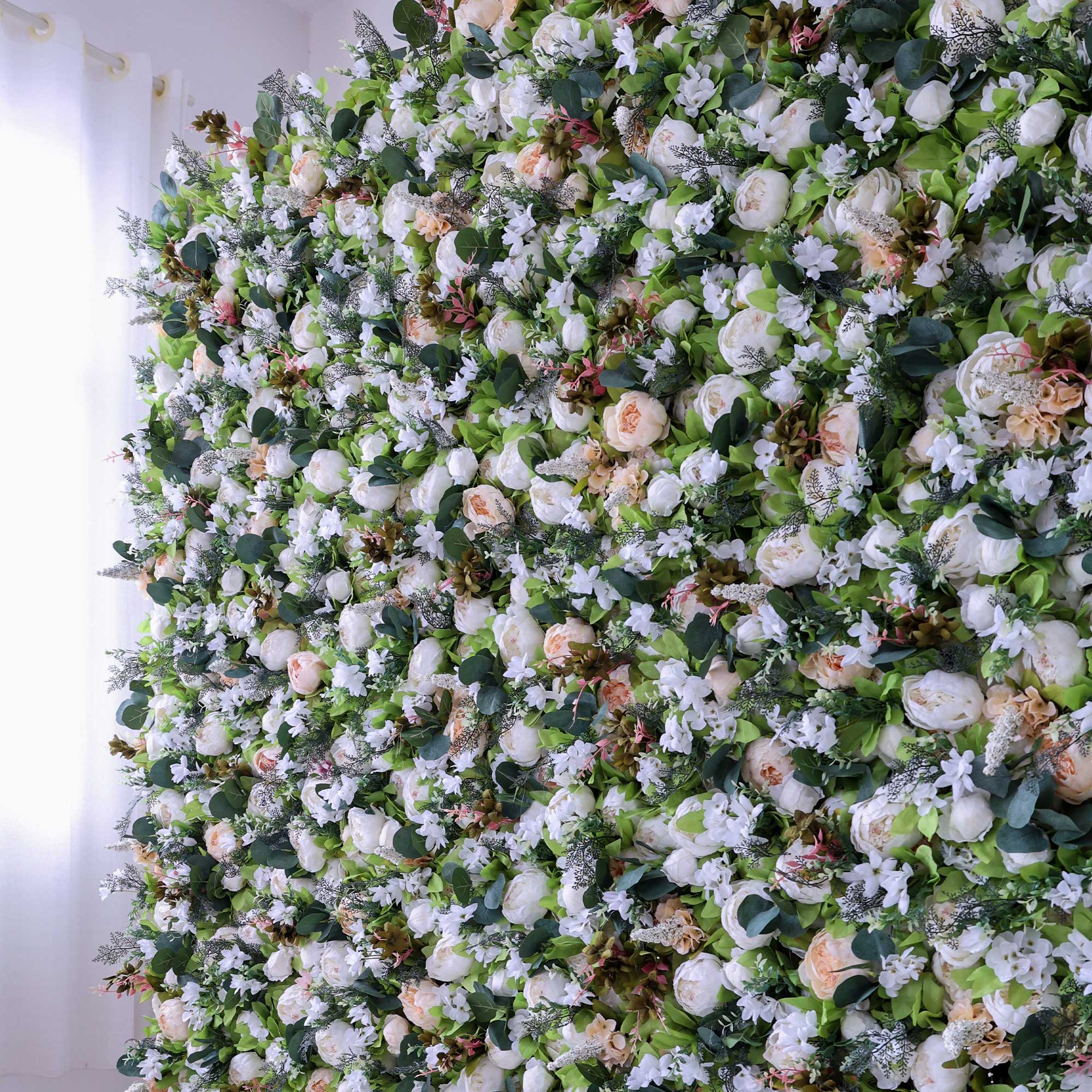Handcrafted 5D artificial flower wall backdrop with white roses, cream blooms, and abundant greenery. Perfect for weddings, garden-themed events, and serene photo settings, adding a natural, elegant touch. VF-412-4