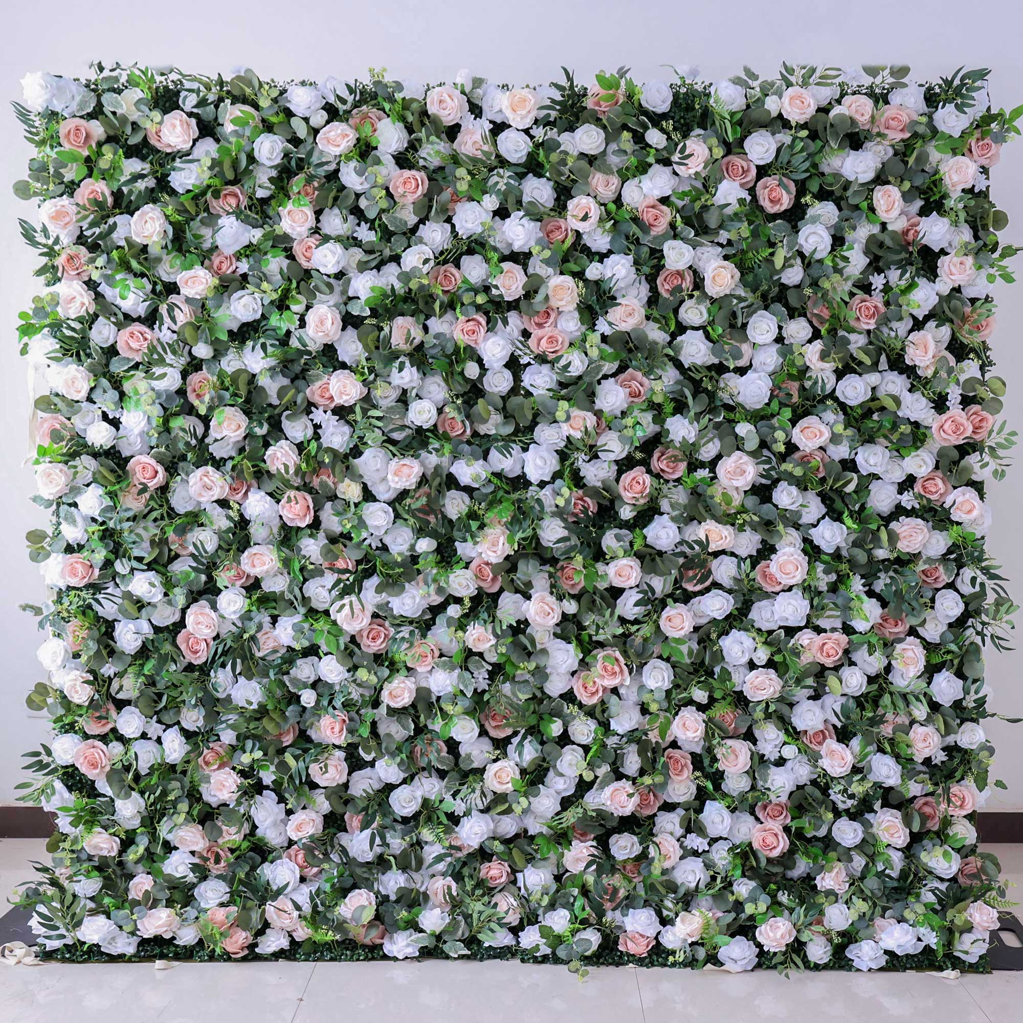 Handcrafted 5D artificial flower wall backdrop with blush pink and white roses, accented by rich greenery, set against a light background. Ideal for weddings, romantic events, and photoshoots, adding an elegant and graceful ambiance.VF-416-1