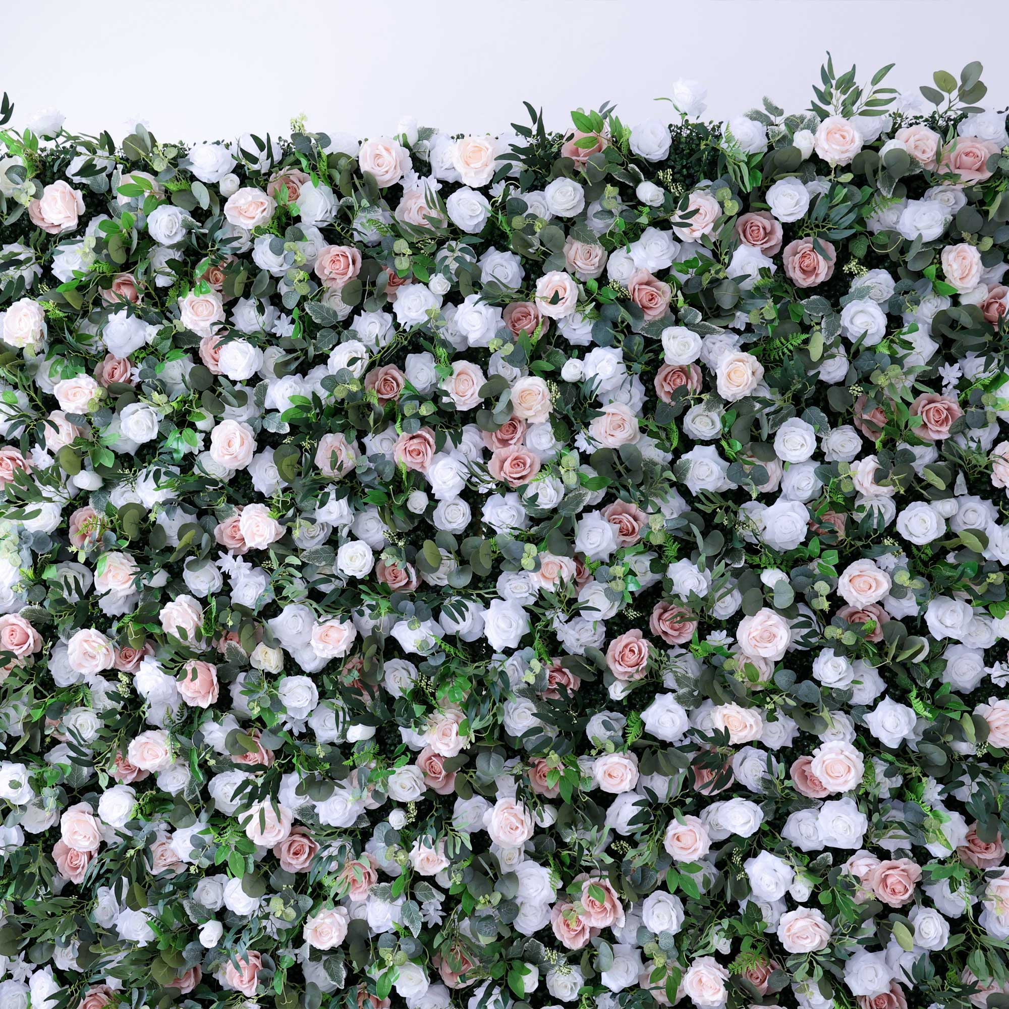 Handcrafted 5D artificial flower wall backdrop with blush pink and white roses, accented by rich greenery, set against a light background. Ideal for weddings, romantic events, and photoshoots, adding an elegant and graceful ambiance.VF-416-3