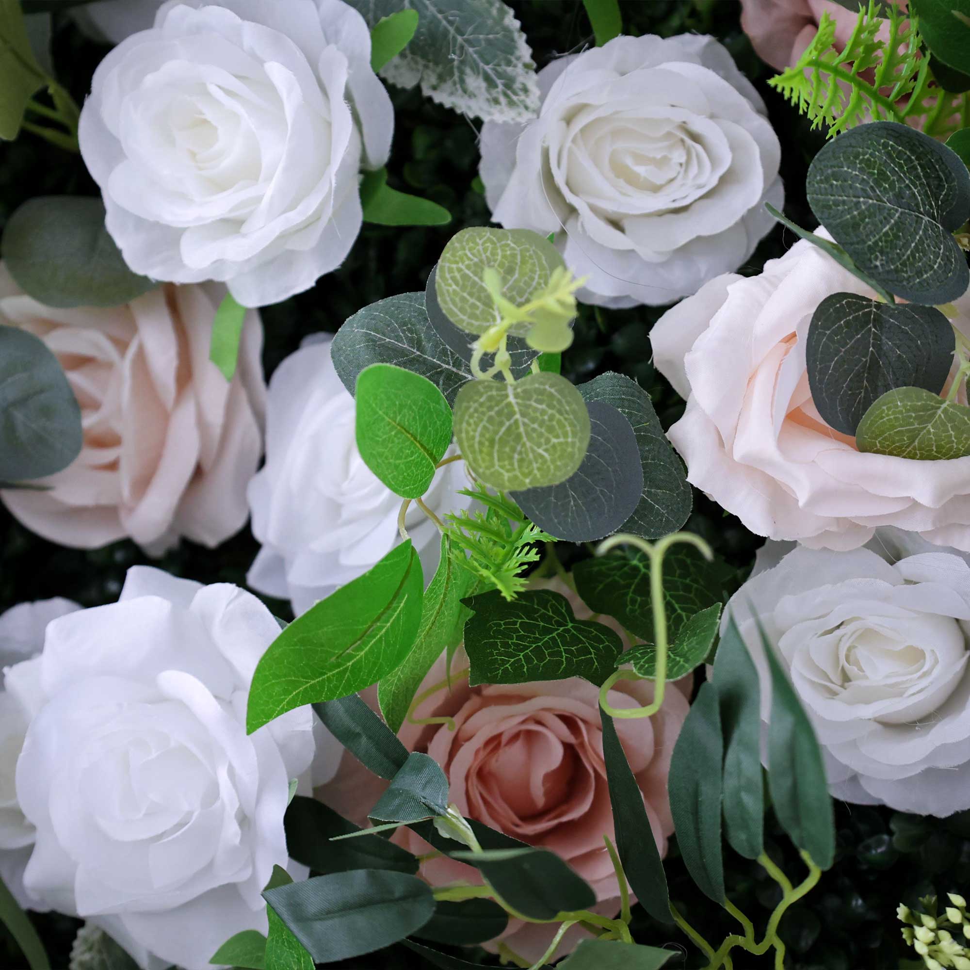 Handcrafted 5D artificial flower wall backdrop with blush pink and white roses, accented by rich greenery, set against a light background. Ideal for weddings, romantic events, and photoshoots, adding an elegant and graceful ambiance.VF-416-5