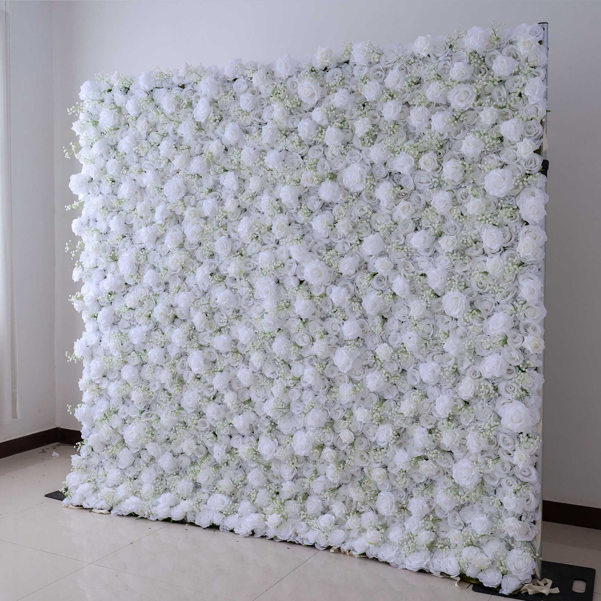 Handcrafted 5D artificial flower wall backdrop with pure white roses, set against a light background. Ideal for weddings, elegant events, and refined photo settings, adding a timeless, sophisticated ambiance.VF-417-2