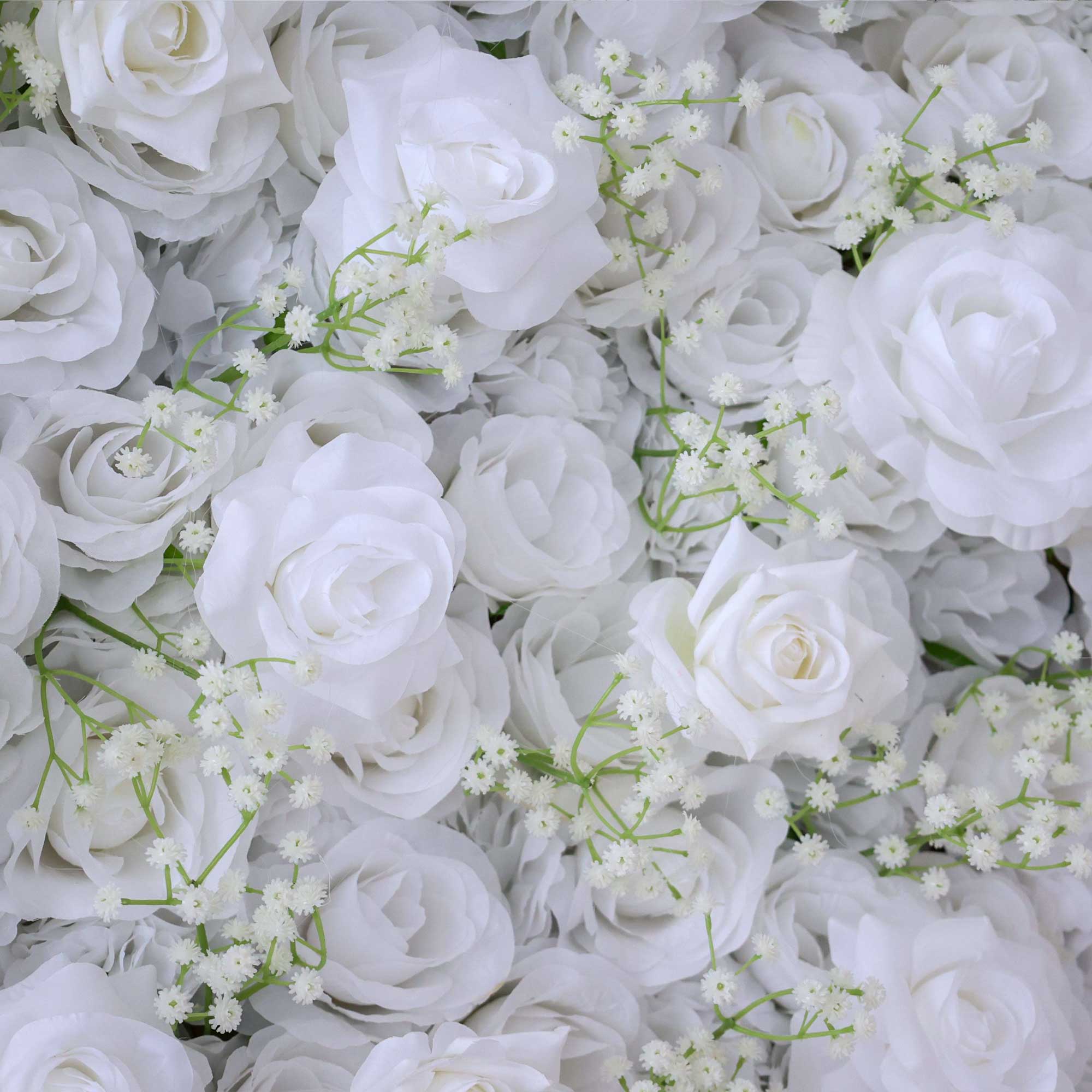 Handcrafted 5D artificial flower wall backdrop with pure white roses, set against a light background. Ideal for weddings, elegant events, and refined photo settings, adding a timeless, sophisticated ambiance.VF-417-3