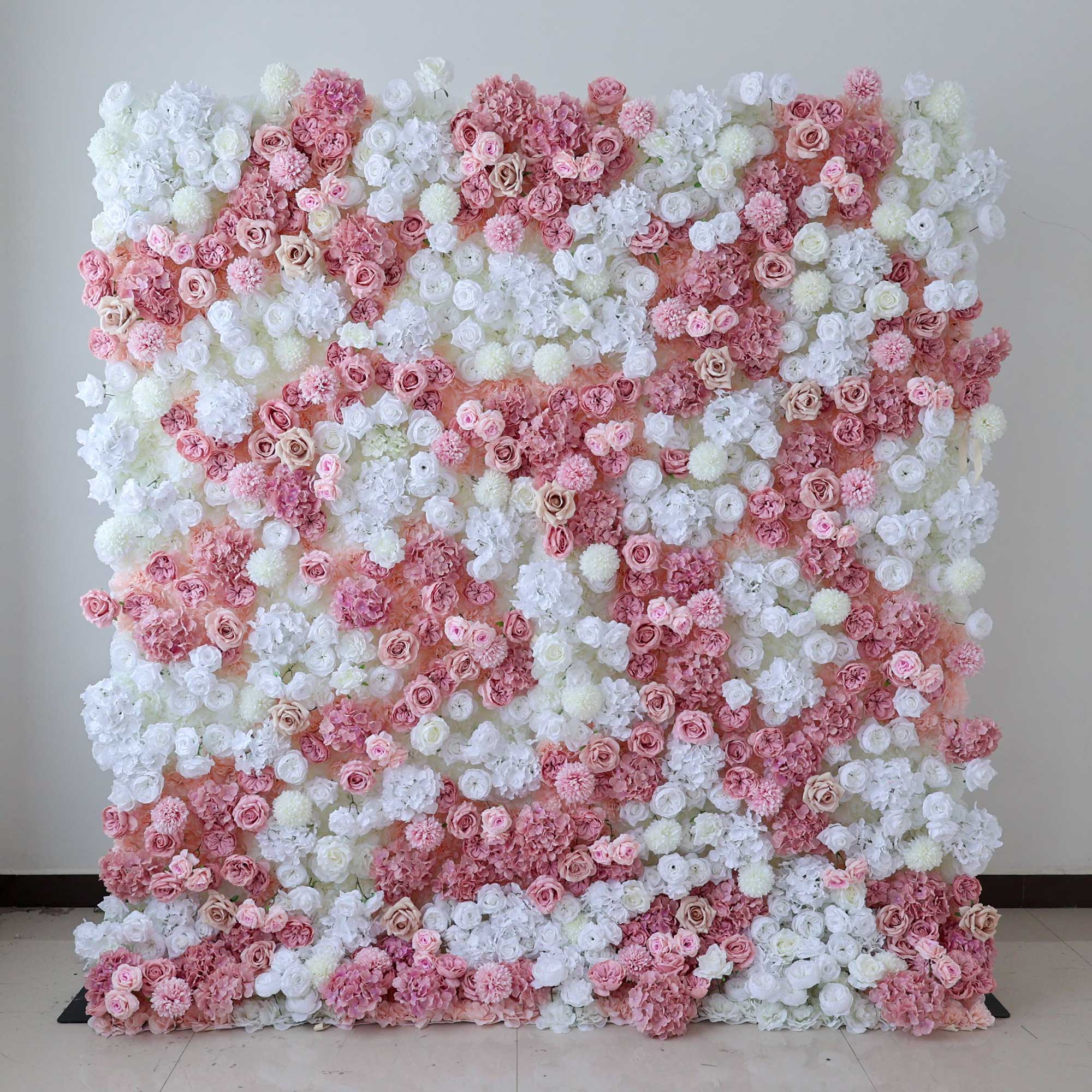 Handcrafted 5D artificial flower wall backdrop with a blend of blush pink and white roses and ivory accents. Ideal for weddings, romantic events, and photoshoots, adding an enchanting and elegant ambiance. VF-418-2-1