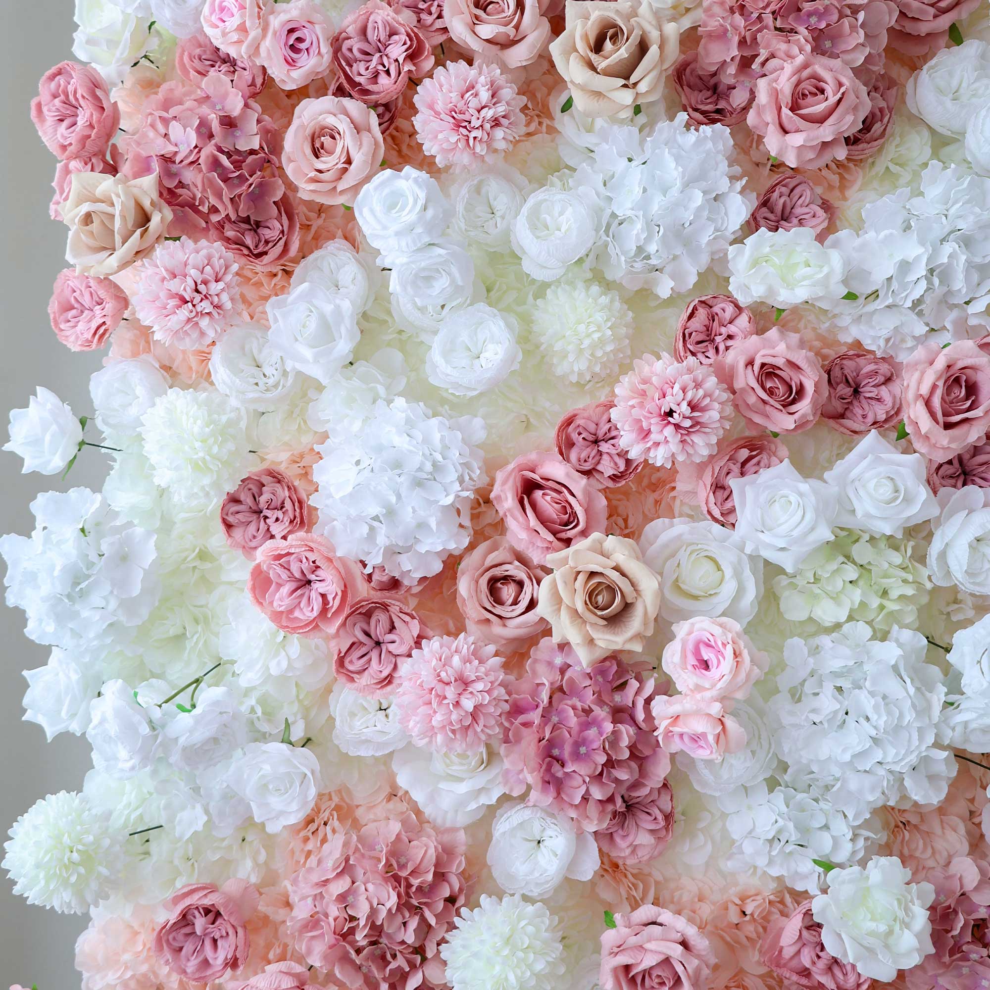Handcrafted 5D artificial flower wall backdrop with a blend of blush pink and white roses and ivory accents. Ideal for weddings, romantic events, and photoshoots, adding an enchanting and elegant ambiance. VF-418-2-2