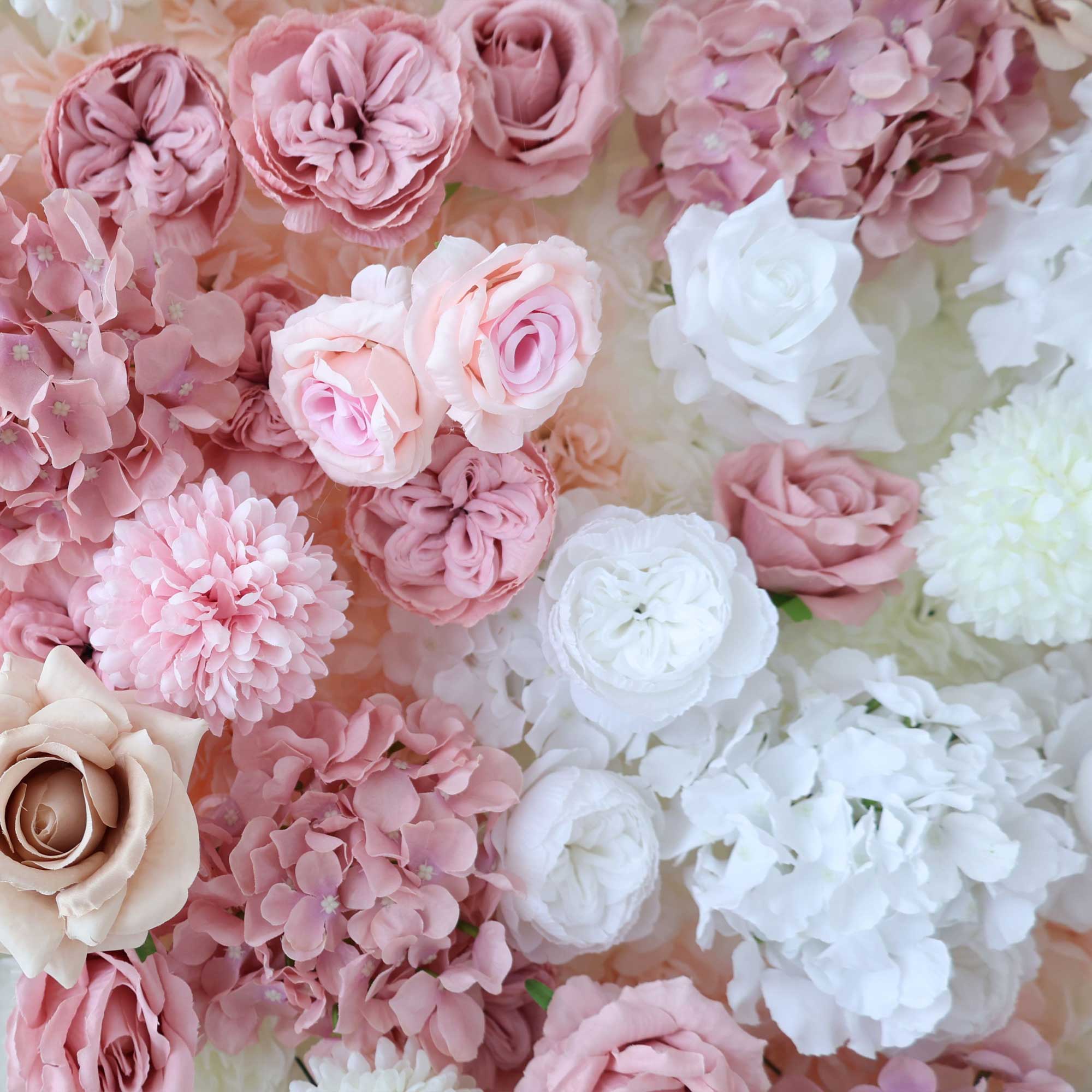 Handcrafted 5D artificial flower wall backdrop with a blend of blush pink and white roses and ivory accents. Ideal for weddings, romantic events, and photoshoots, adding an enchanting and elegant ambiance. VF-418-2-3