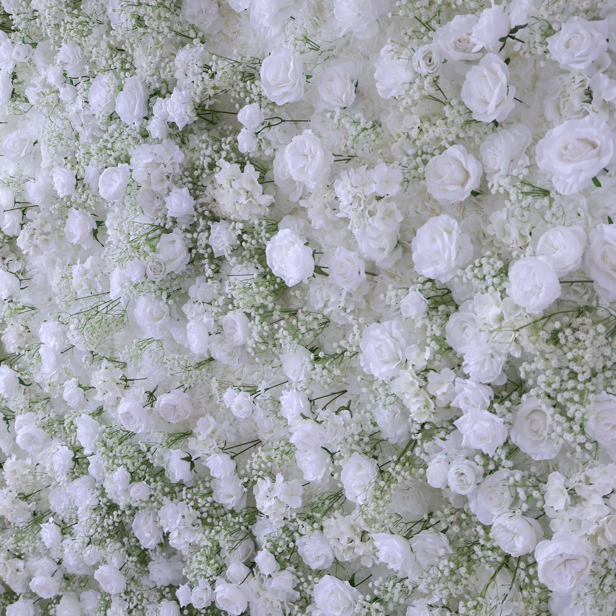 Handcrafted 5D artificial flower wall backdrop with delicate white roses and baby’s breath, set against a light background. Ideal for wedding decor, engagement party decor, and bridal showers, adding a soft, elegant ambiance for photoshoots and special events. VF-419-3