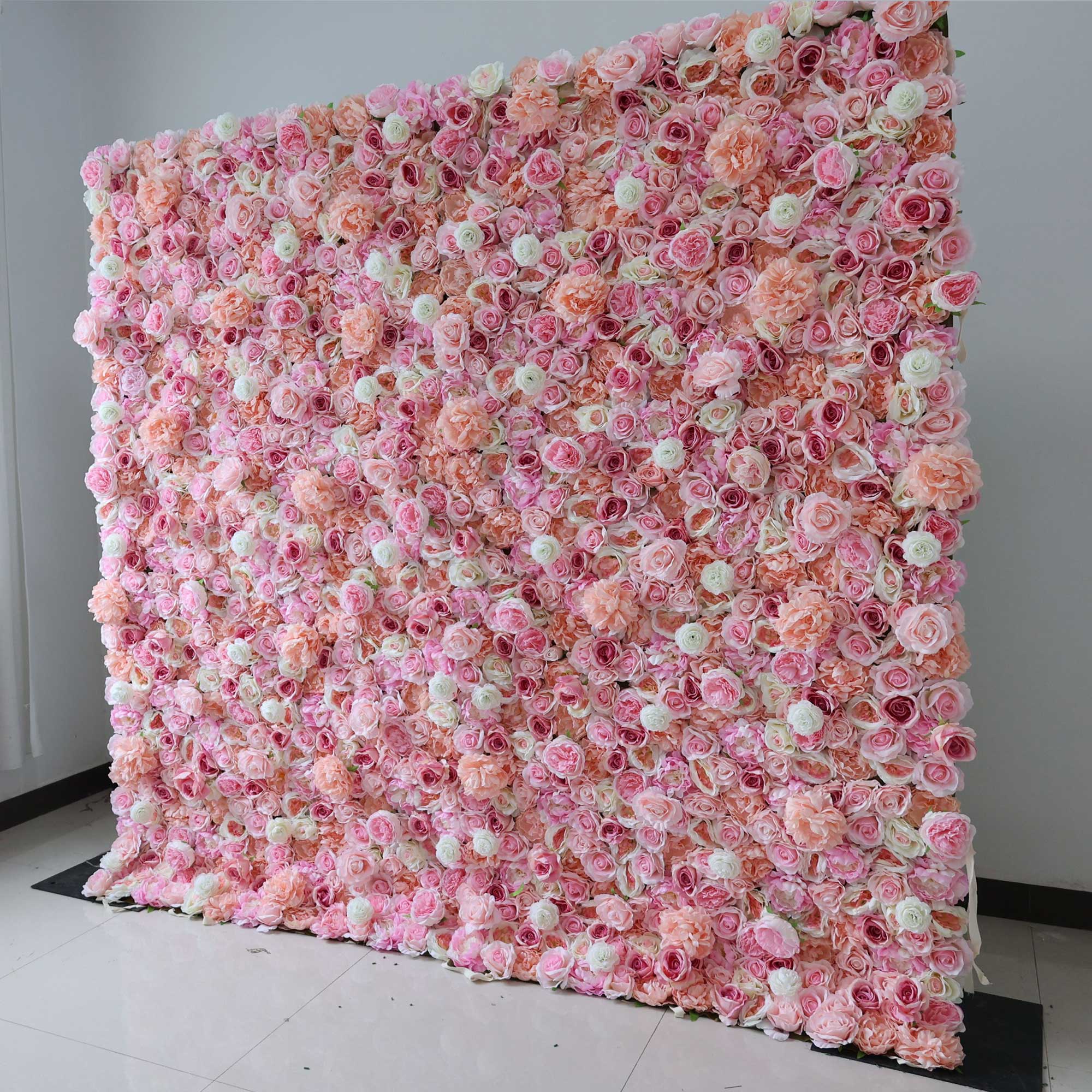 Handcrafted 5D artificial flower wall backdrop with peach and pink roses, creating a soft, vibrant look. Ideal for wedding decor, bridal showers, and party backdrops, adding warmth and charm to special events.VF-423-4