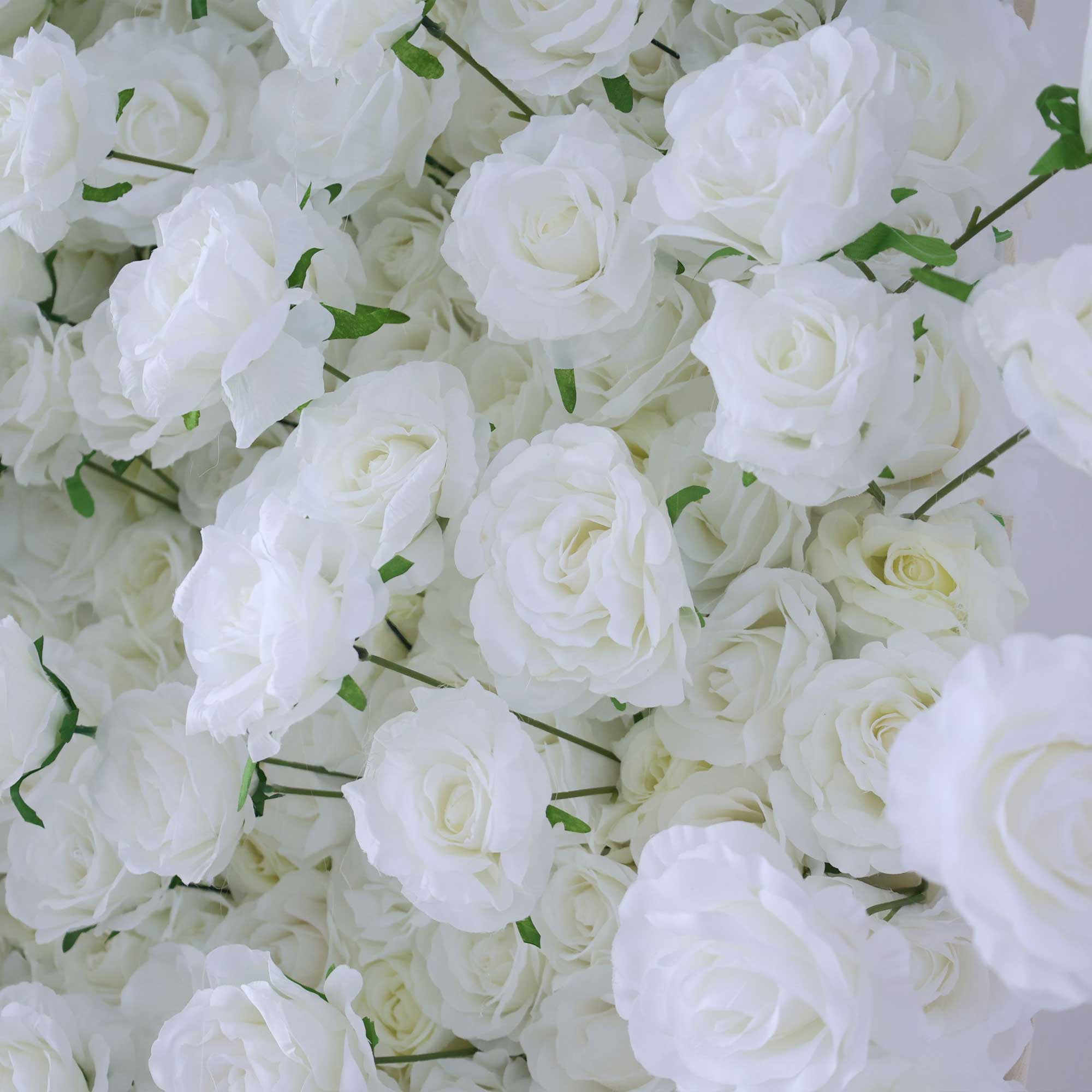 Handcrafted 5D artificial flower wall backdrop with pure white roses, set against a light background. Ideal for weddings, formal events, and photoshoots, providing a classic and elegant setting.vf-404-2-4