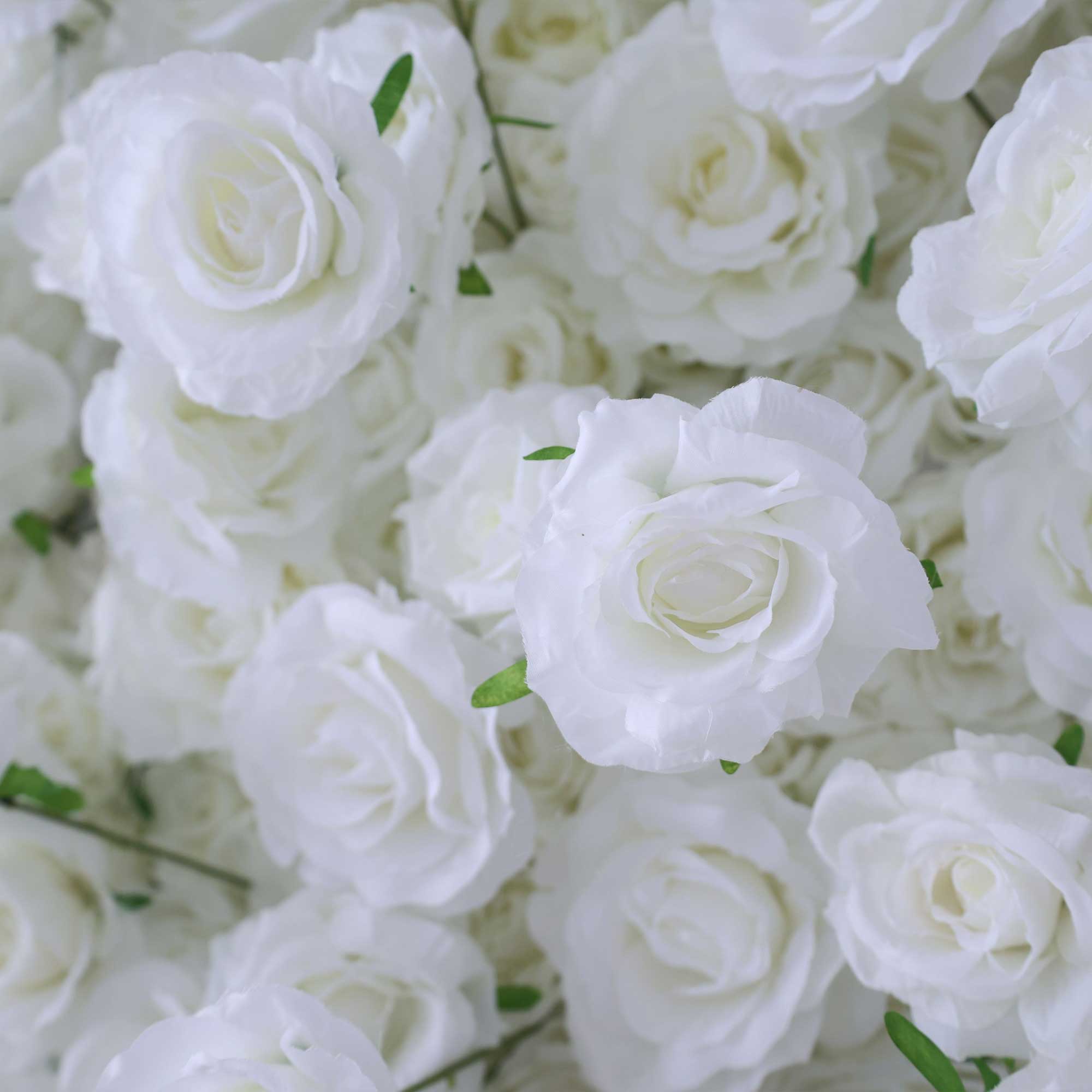 Handcrafted 5D artificial flower wall backdrop with pure white roses, set against a light background. Ideal for weddings, formal events, and photoshoots, providing a classic and elegant setting.-5