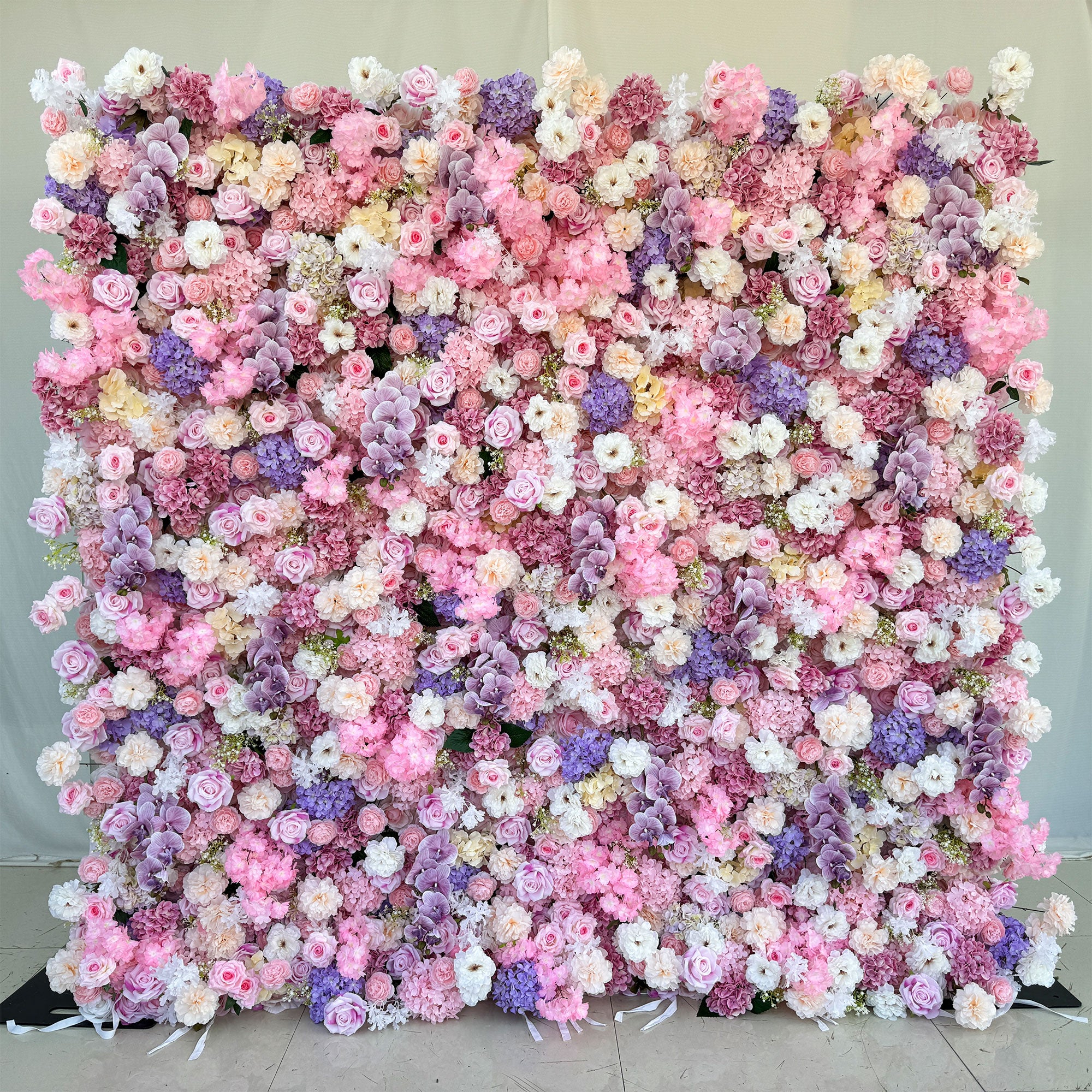 5D pink and purple artificial flower wall backdrop by Valar Flower, perfect for weddings, engagement parties, and photo shoots with roll up design for easy setup -1