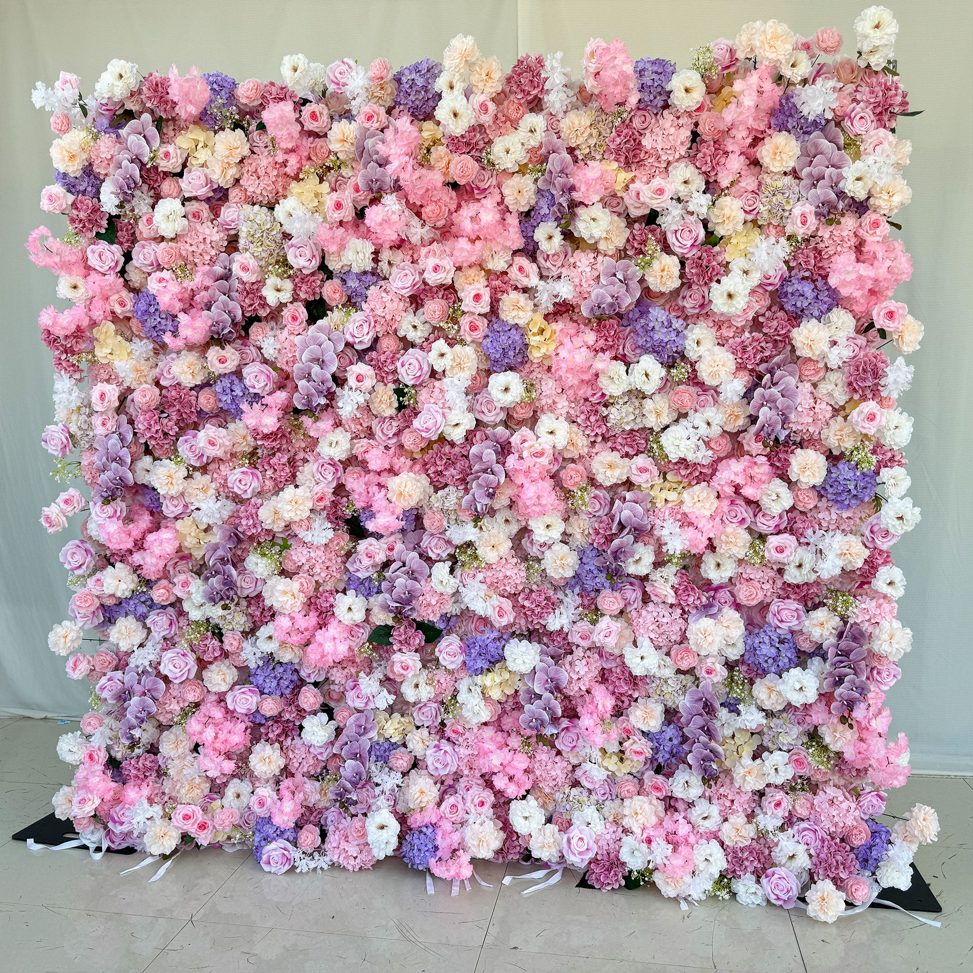 5D pink and purple artificial flower wall backdrop by Valar Flower, perfect for weddings, engagement parties, and photo shoots with roll up design for easy setup -2