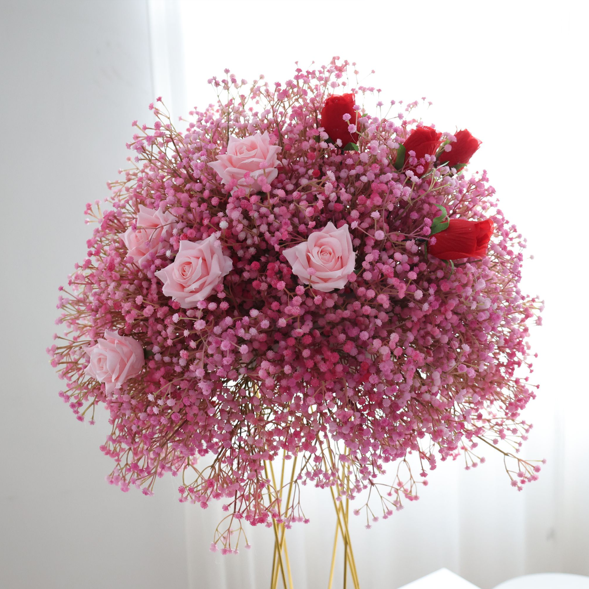 Blushing Harmony - Graceful Pink Roses Nestled in a Cloud of Pink Baby's Breath FB-040