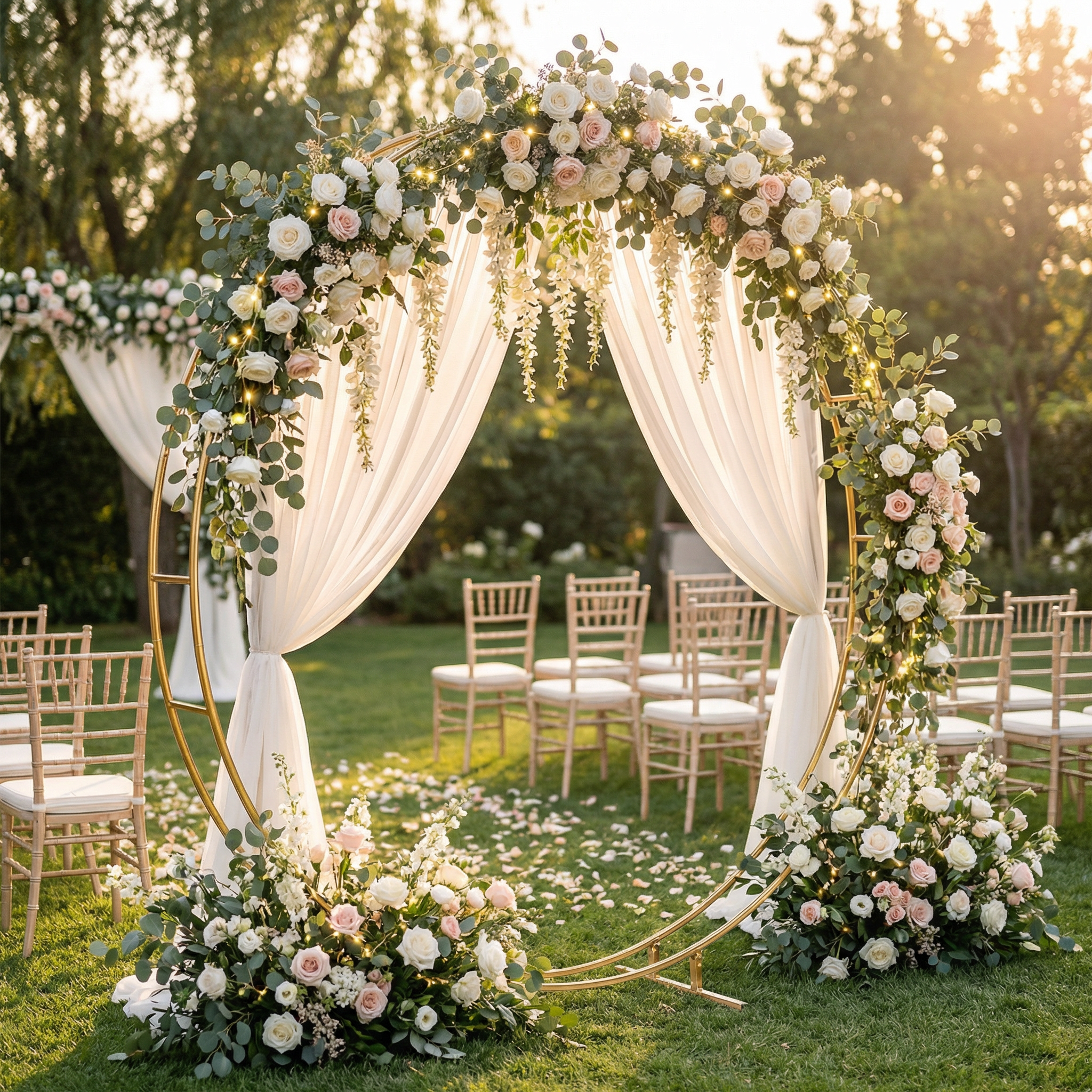 Arco de boda extra estable de 7.87 pies para ceremonia o fiesta, enrejado de jardín al aire libre para planta trepadora, soporte de fondo con arcos de globos metálicos dorados