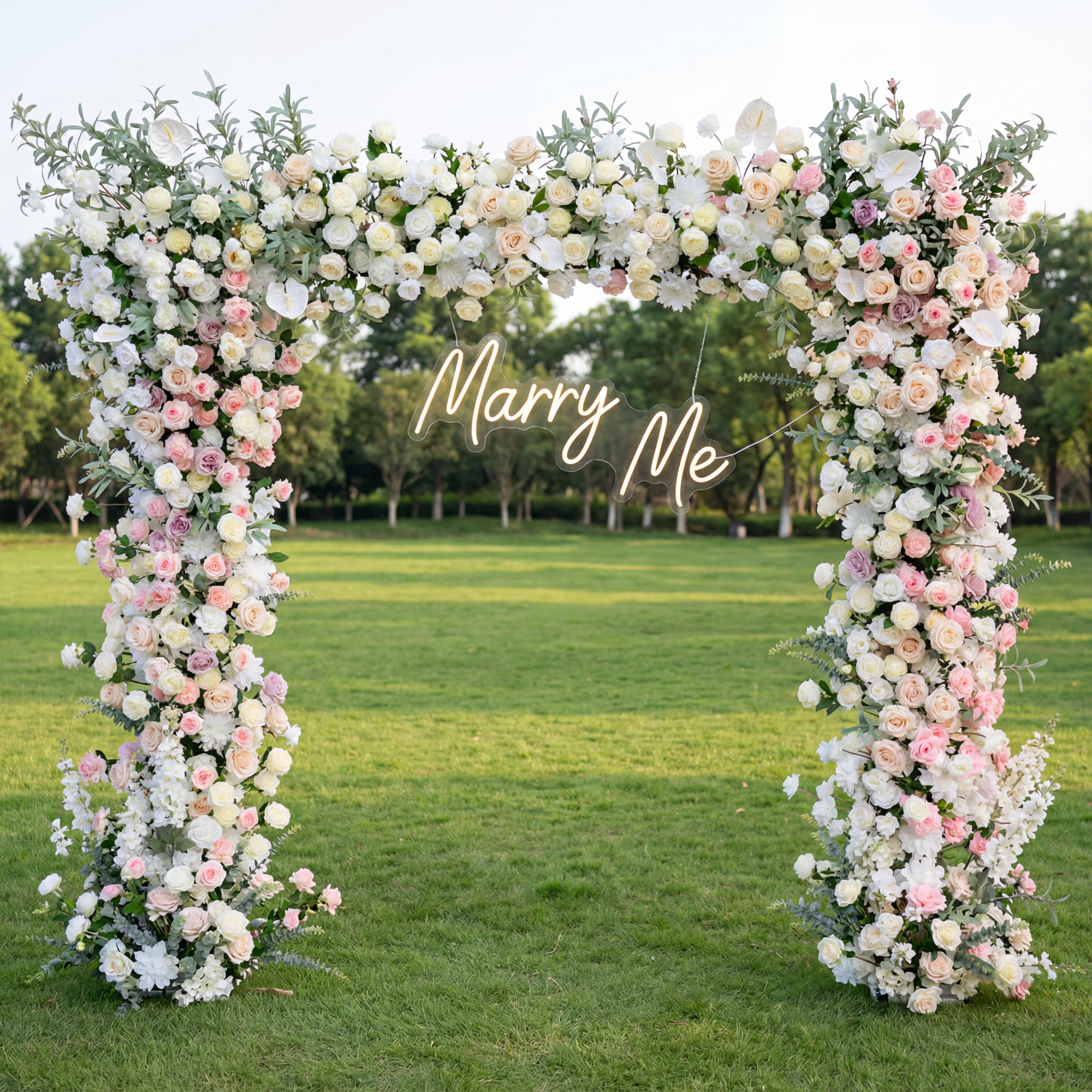 Cream White and Pink Artificial Flower Arch – Wedding Ceremony Backdrop with Faux Roses and Hydrangeas VA-369