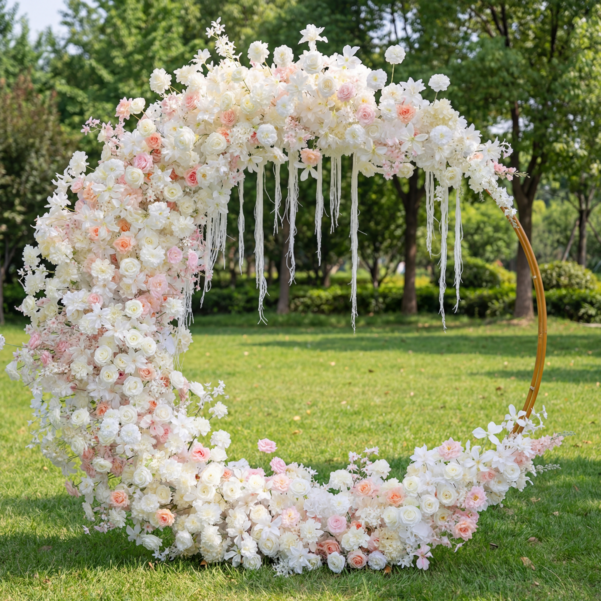Arche florale élégante en forme de lune pour cérémonie de mariage - Arche de fleurs artificielles pour mariages, événements et occasions spéciales