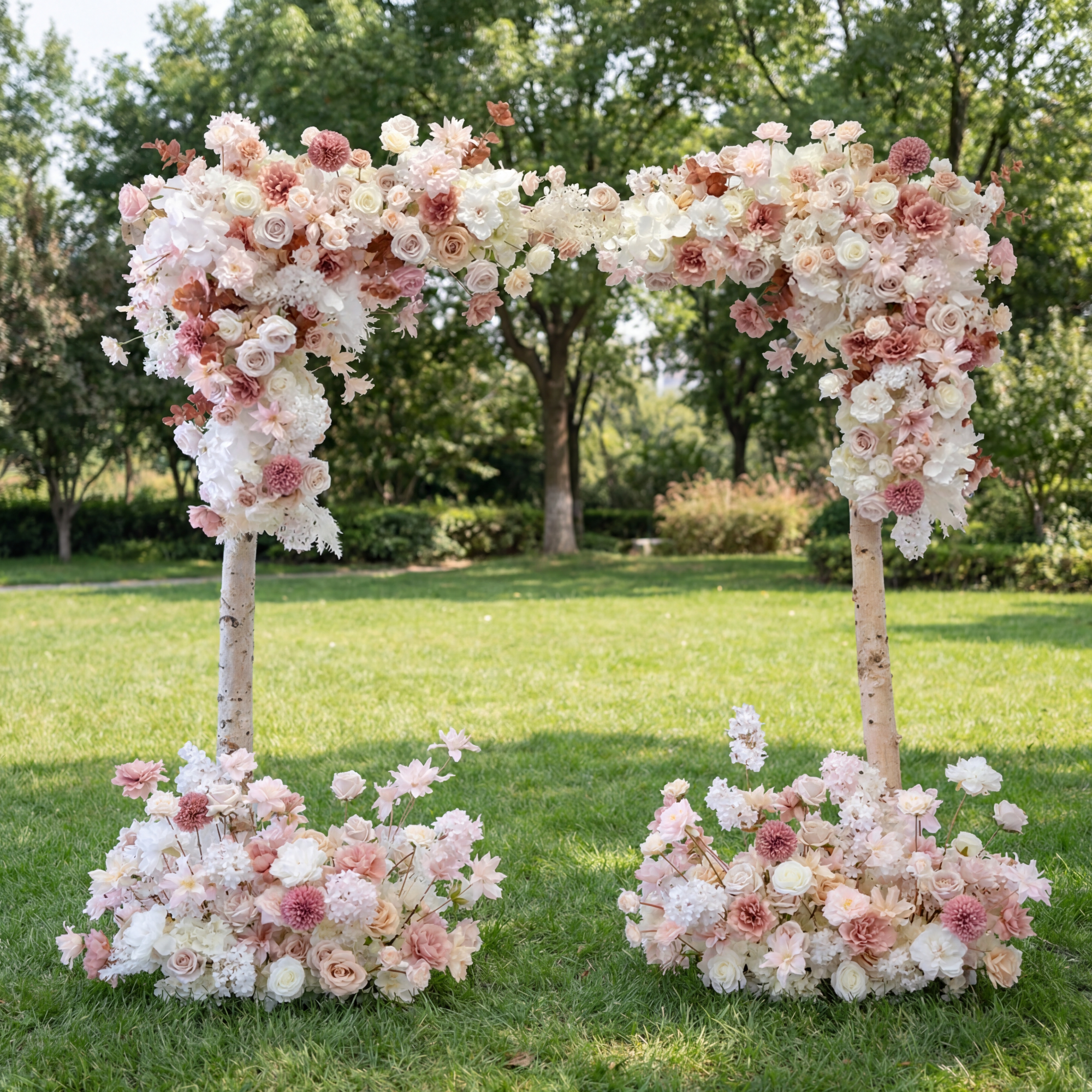 Boho Neutral Kunstblumenbogen – Eleganter Hochzeitshintergrund in Rosa und Elfenbein FA-260