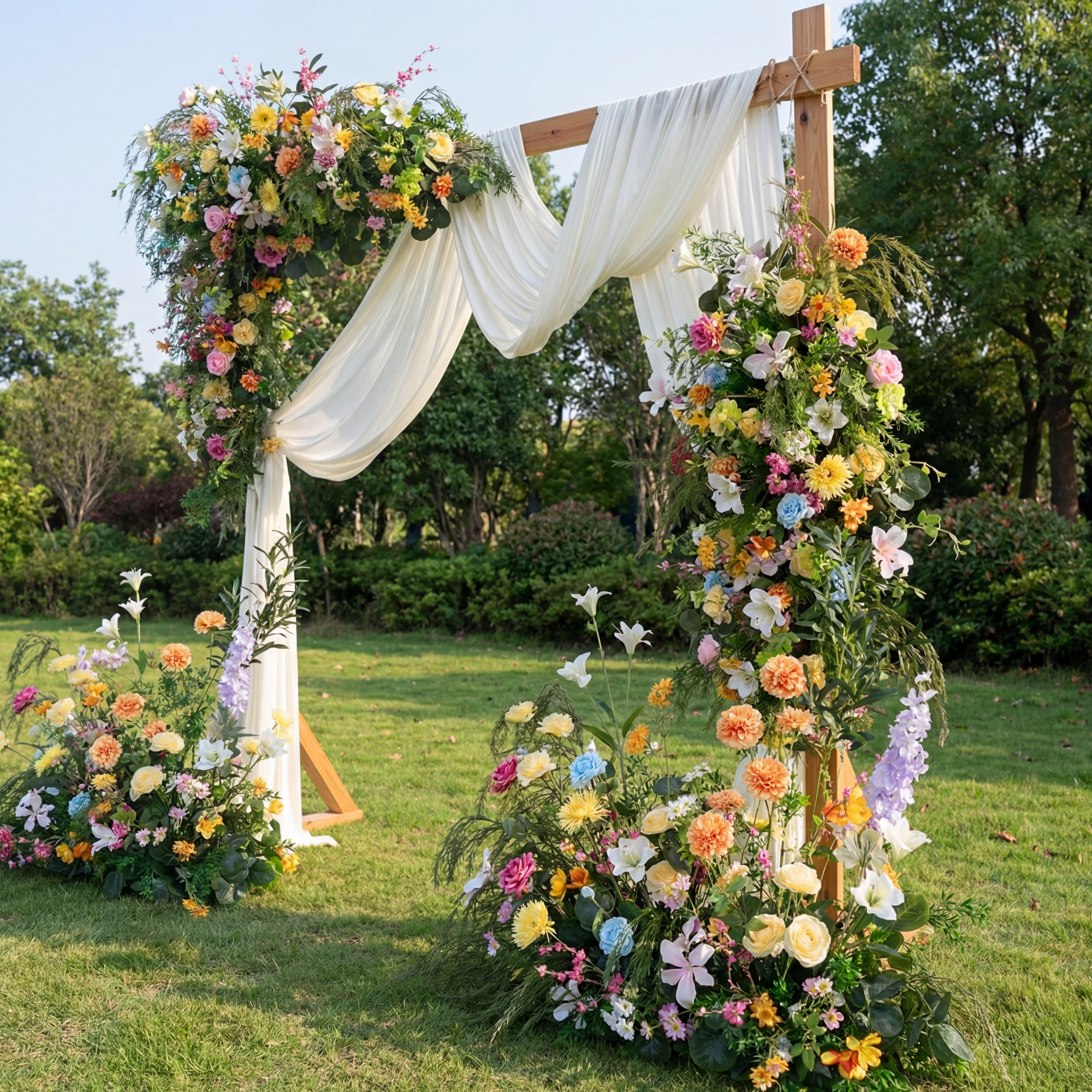 Arco Clásico de Flores Artificiales Blancas con Vegetación – Fondo para Bodas para Uso Interior y Exterior FA-261