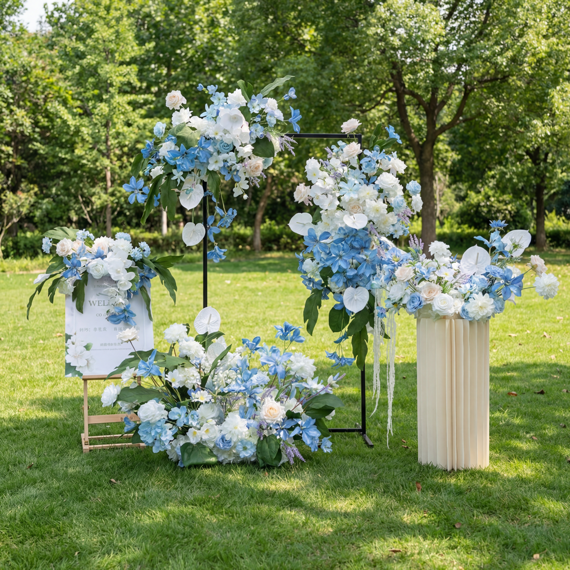 우아한 파란색과 흰색 꽃 장식 결혼식 아치, 인공 꽃 배열, 의식 배경 및 이벤트 장식 FA-211