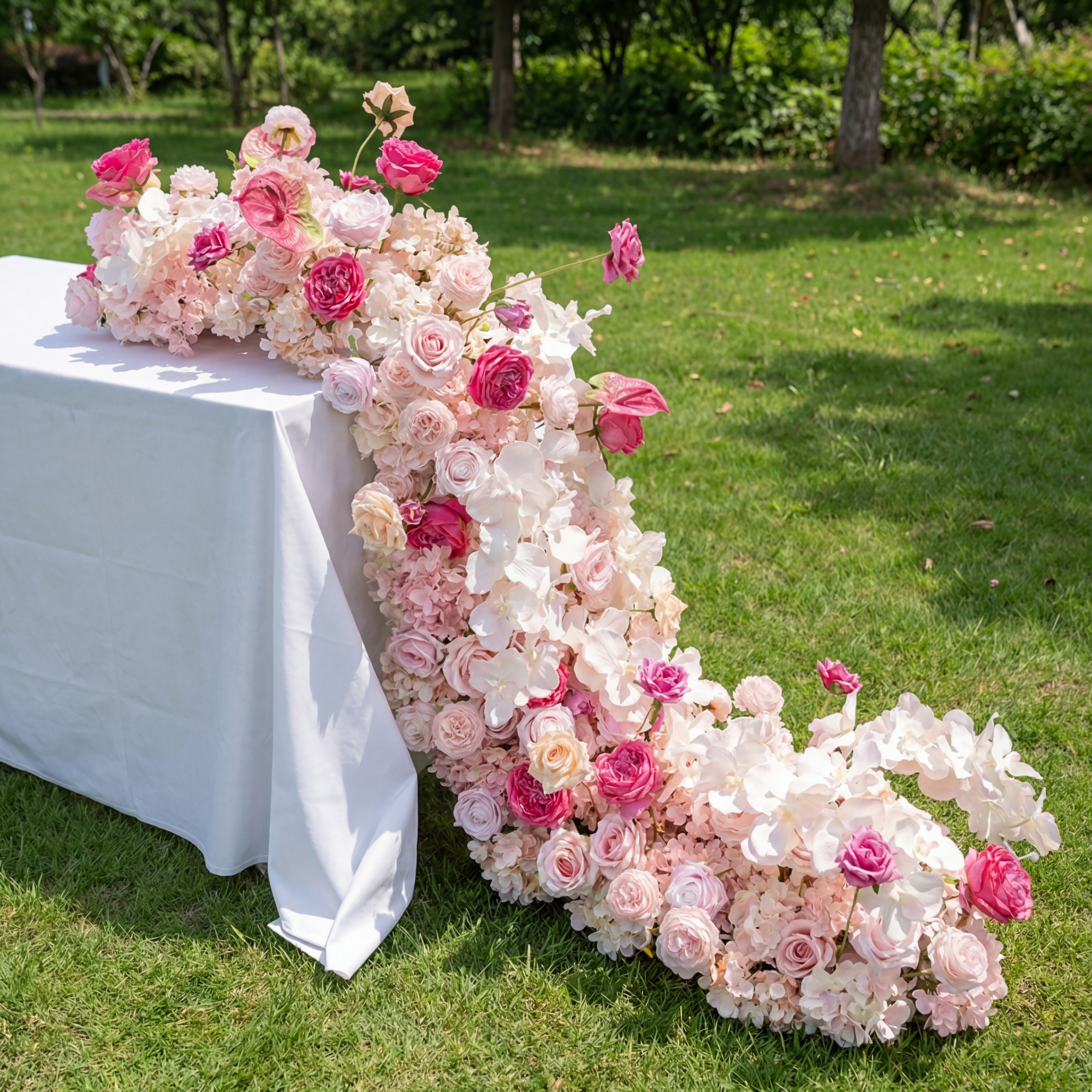 Elegant Pink and White Floral Wedding Table Runner, Artificial Flower Arrangement, Reception Decor & Event Display FA-216