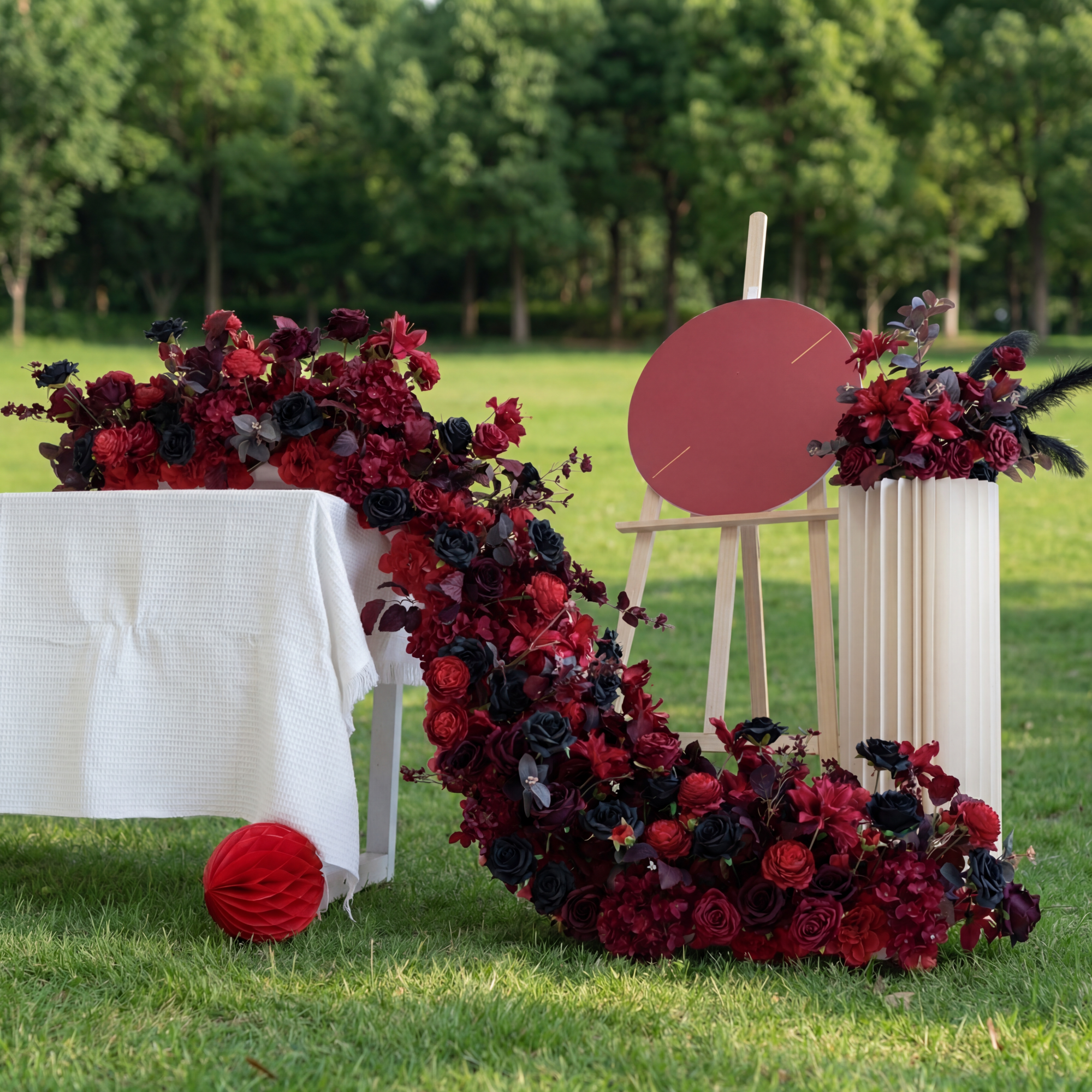 Bold Red and Black Floral Wedding Table Runner, Artificial Flower Arrangement, Reception Decor & Event Display FA-221