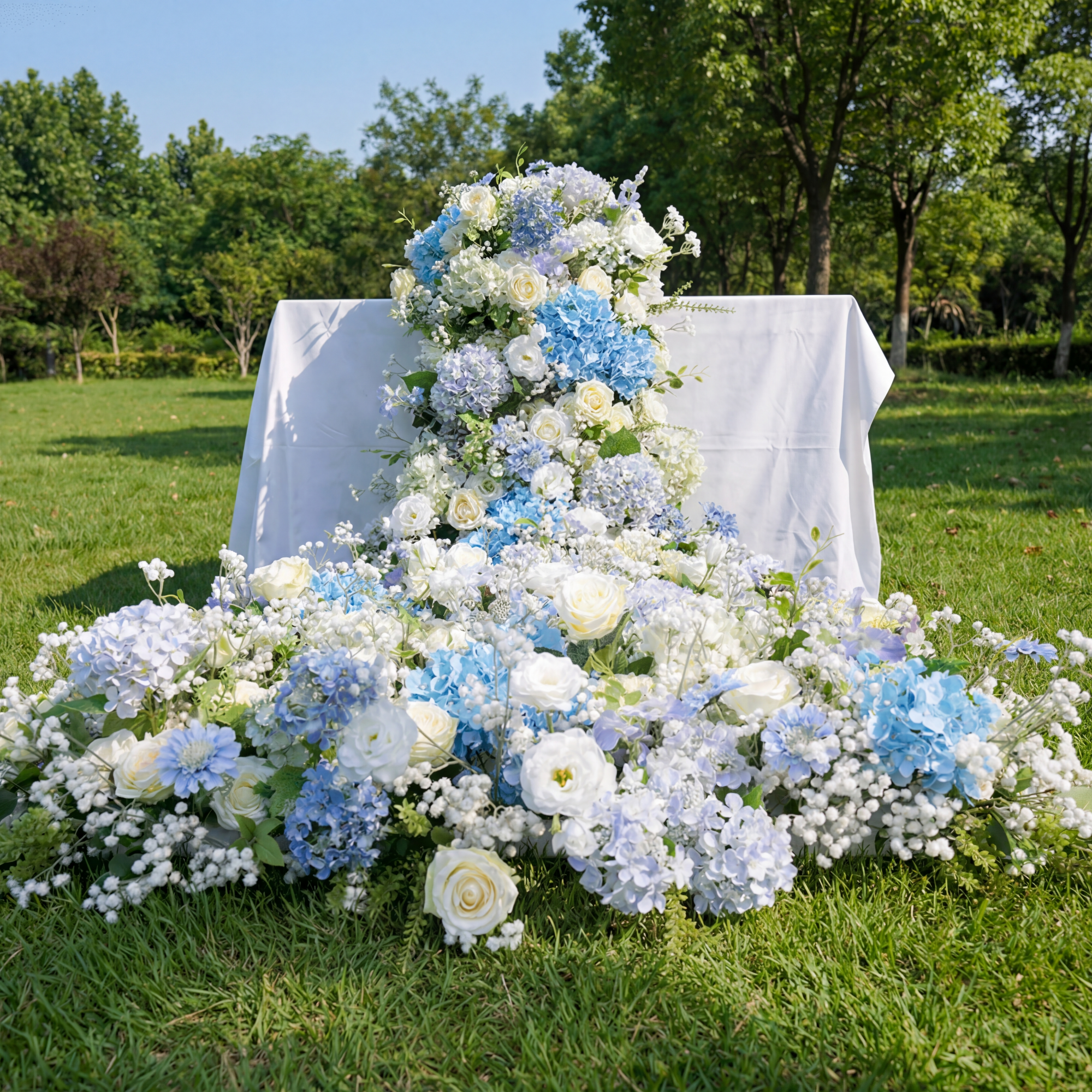 Elegant Blue and White Floral Wedding Table Runner, Artificial Flower Arrangement, Reception Decor & Event Display FA-215