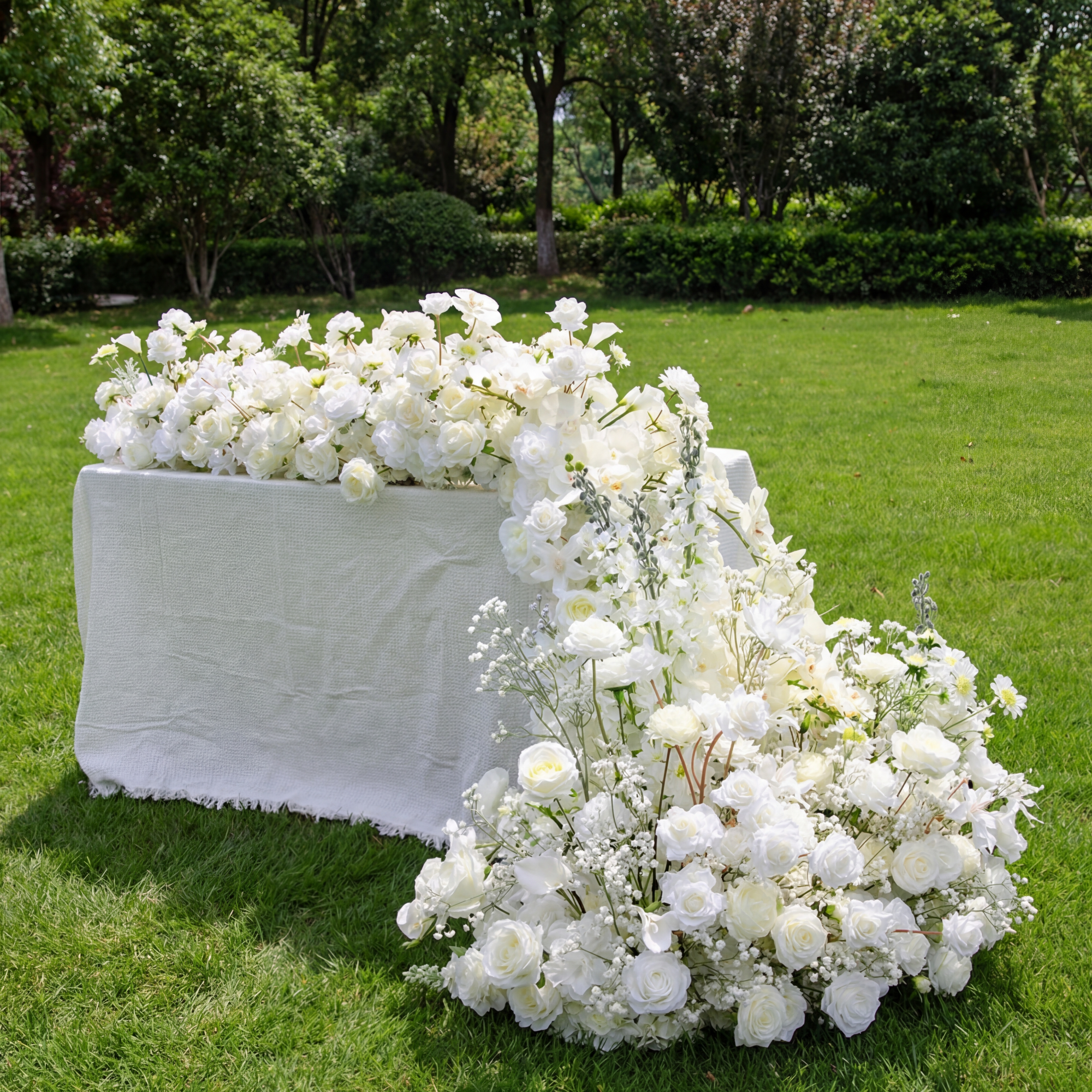 Elegant White Floral Wedding Table Runner, Artificial Flower Arrangement, Reception Decor & Event Display FA-220
