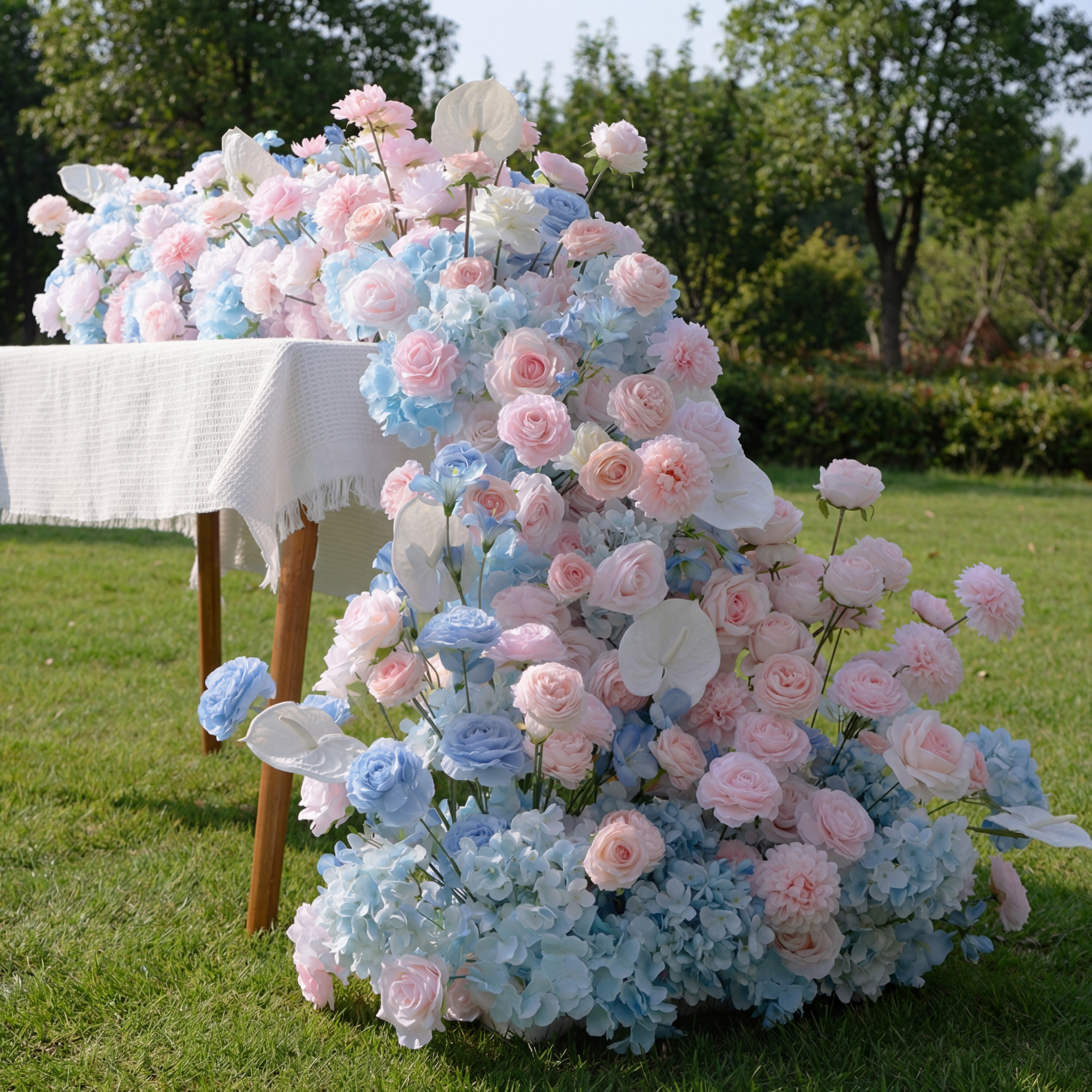 Pastel Pink and Blue Floral Wedding Table Runner, Artificial Flower Arrangement, Reception Decor & Event Display FA-223