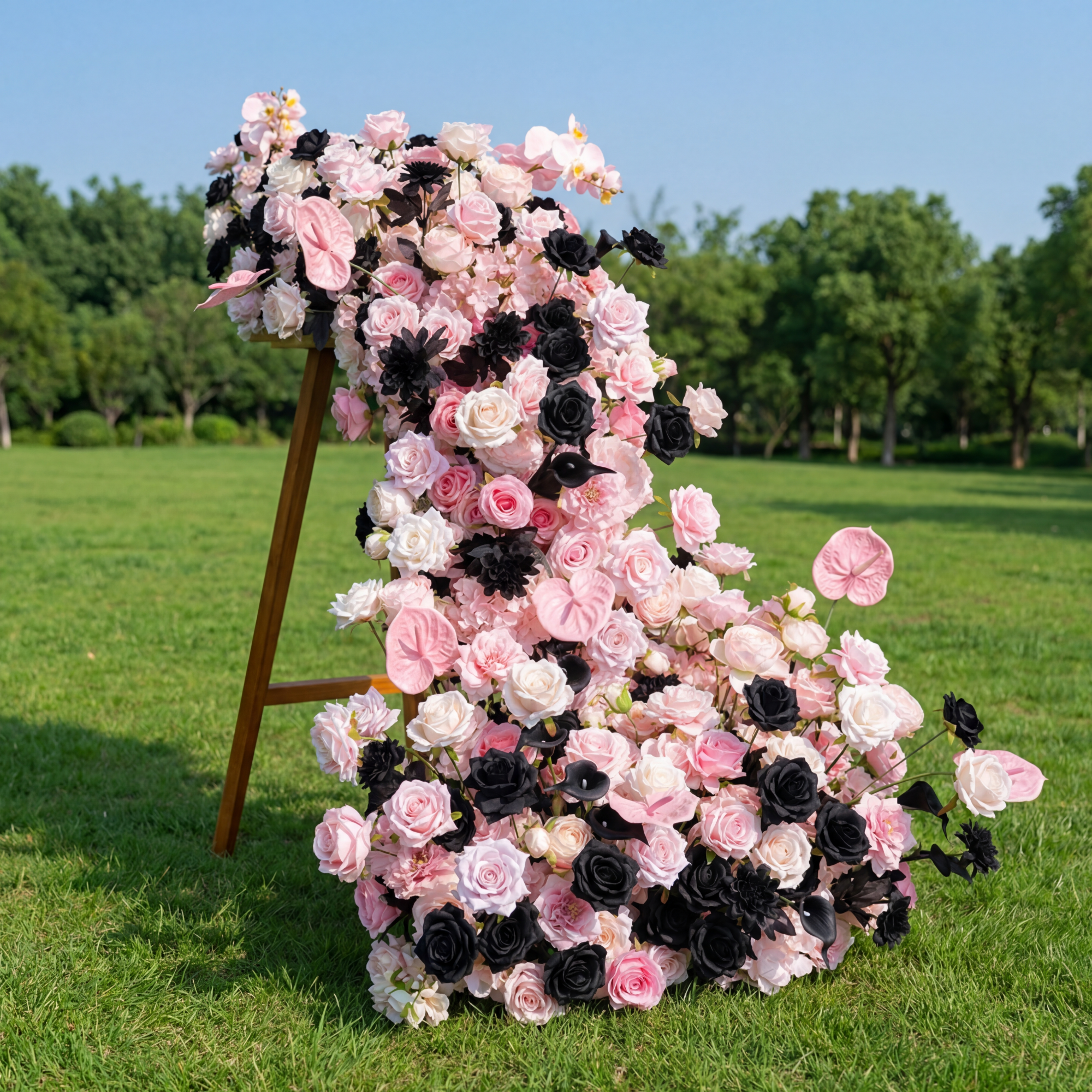 Blush Pink and Black Rose Table Runner, Modern Artificial Flower Arrangement for Wedding or Event Decor FA-237