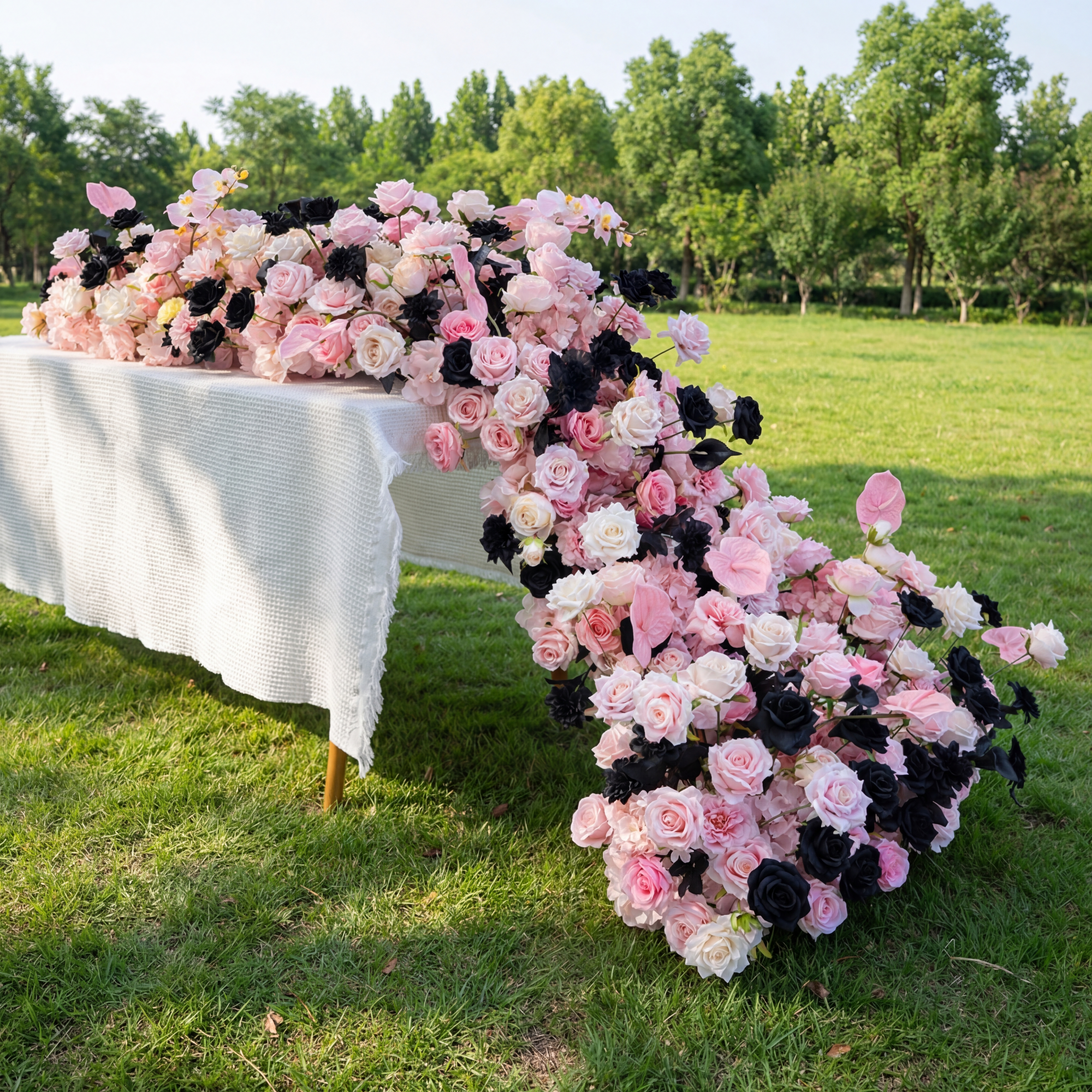 Blush Pink and Black Rose Table Runner, Modern Artificial Flower Arrangement for Wedding or Event Decor FA-237