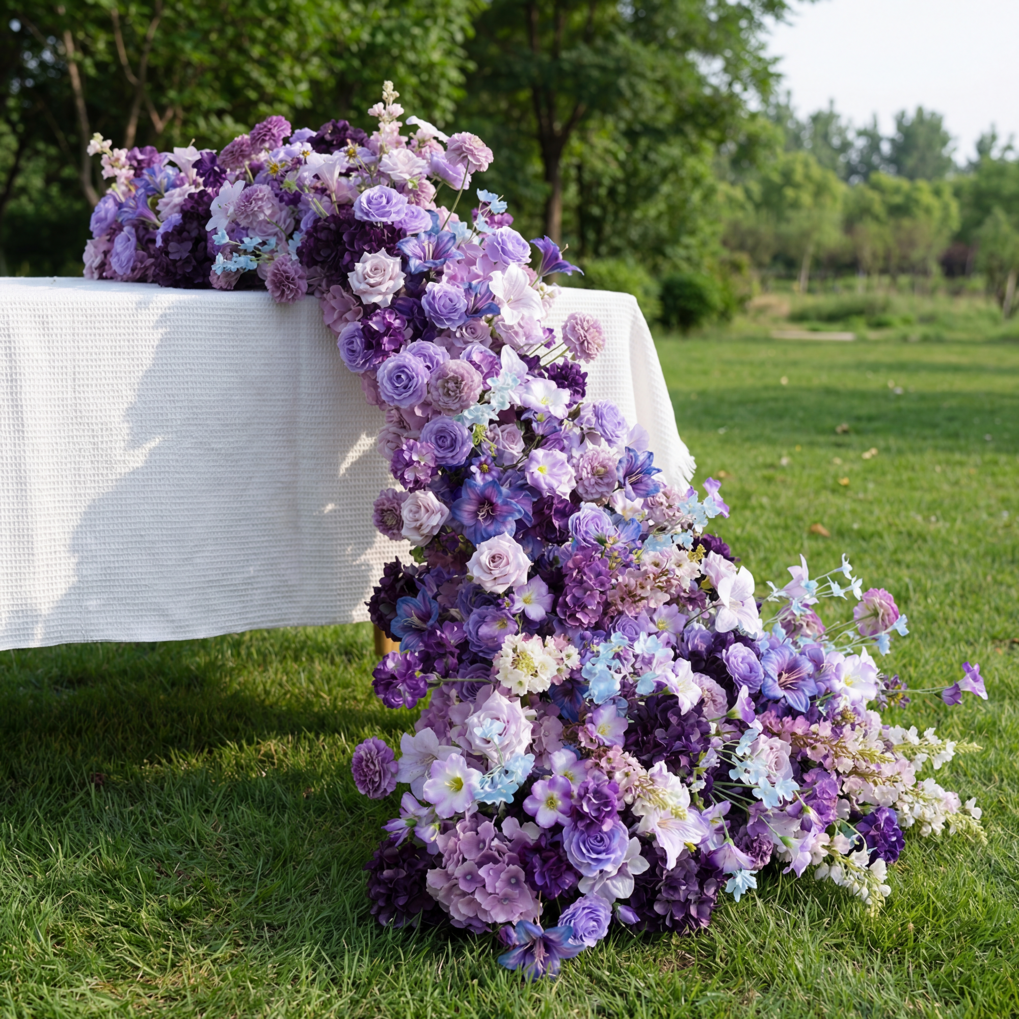 Romantic Purple and Blue Floral Cascade, Faux Flower Table Centerpiece for Events and Celebrations FA-235