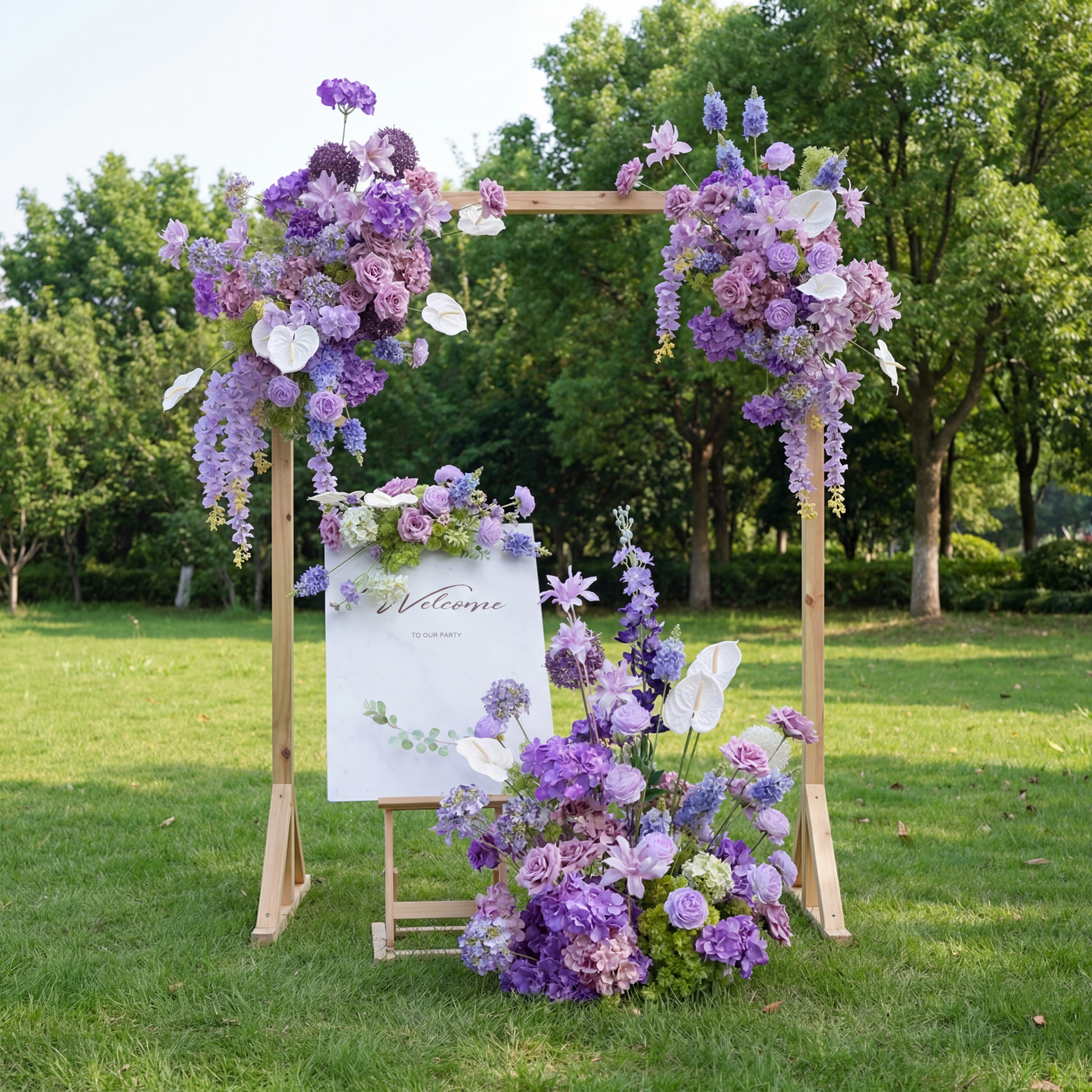 Elegant Purple Floral Wedding Decor, Artificial Flower Arrangement, Ceremony Backdrop & Welcome Sign Set FA-210