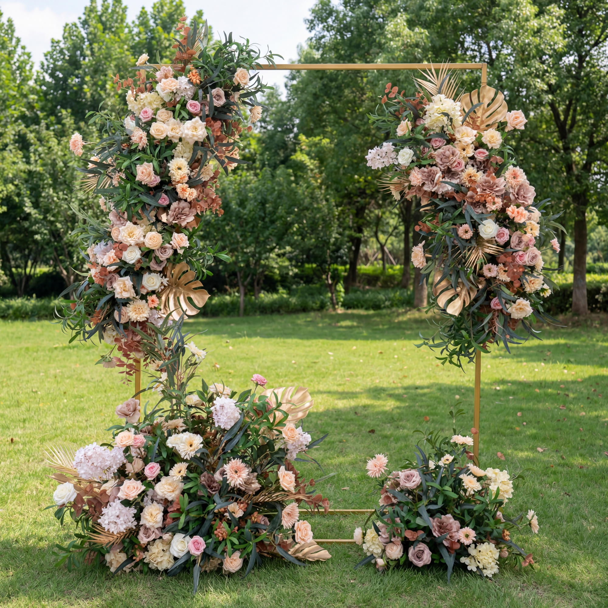 Warm Earth-Tone Faux Floral Display – Boho Event Wall & Floor Decoration with Tropical Gold Palms FA-253